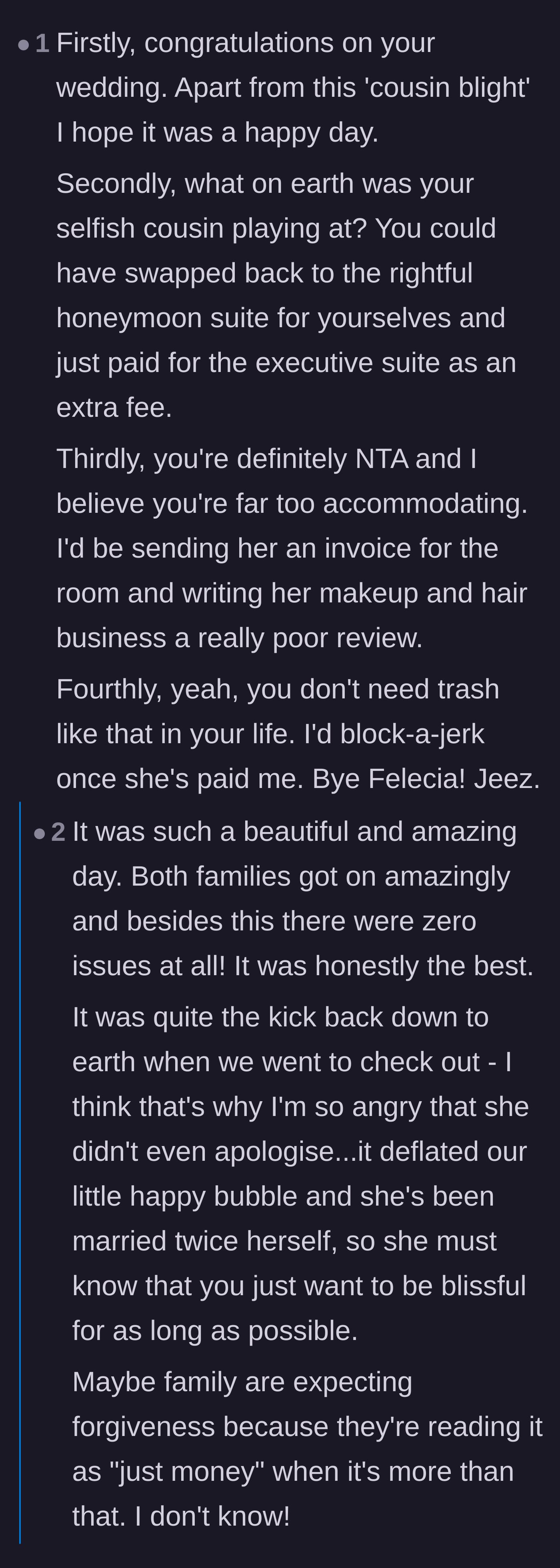 Comment thread 2 - A detailed breakdown of the cousin's offenses and the bride's realization of the emotional damage.