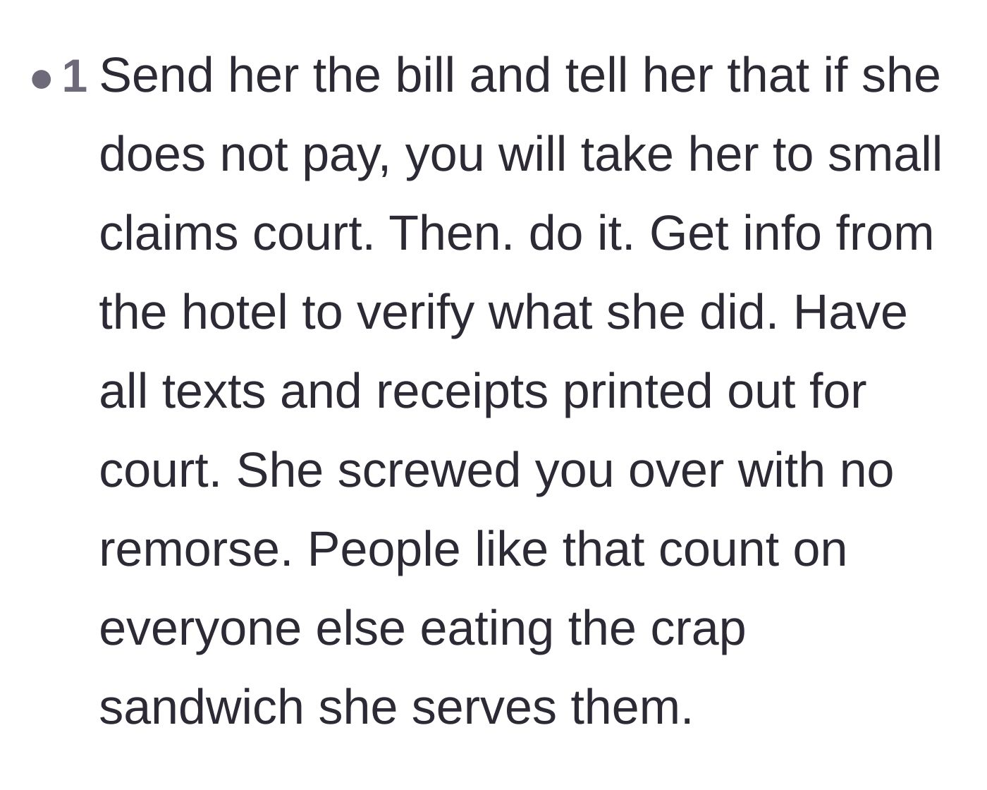 Comment thread 4 - Advice urging the bride to take her cousin to small claims court for the hotel bill.