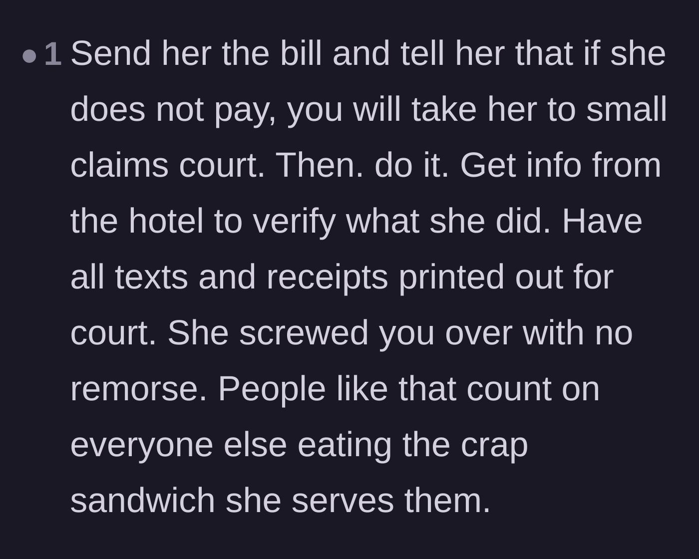Comment thread 4 - Advice urging the bride to take her cousin to small claims court for the hotel bill.