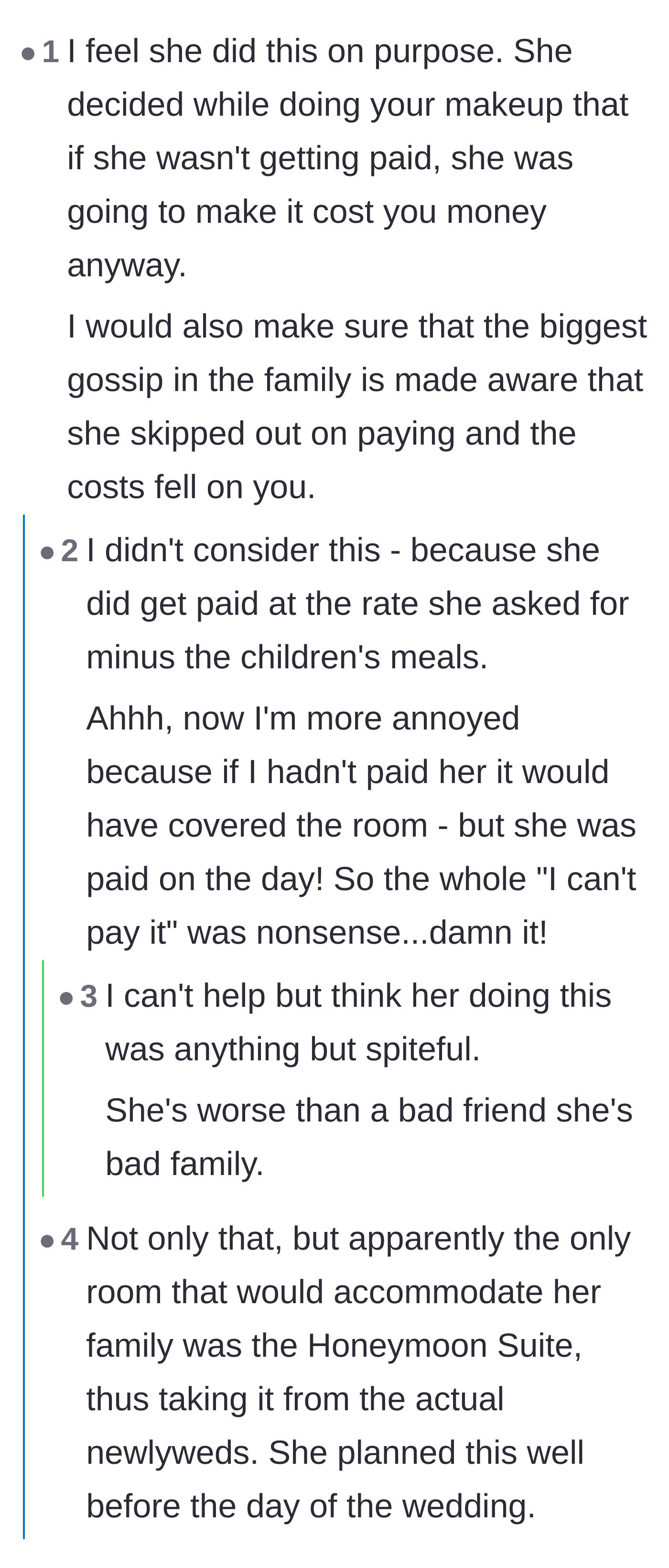 Comment thread 5 - Readers deducing that the cousin deliberately stuck the bride with the bill out of spite.