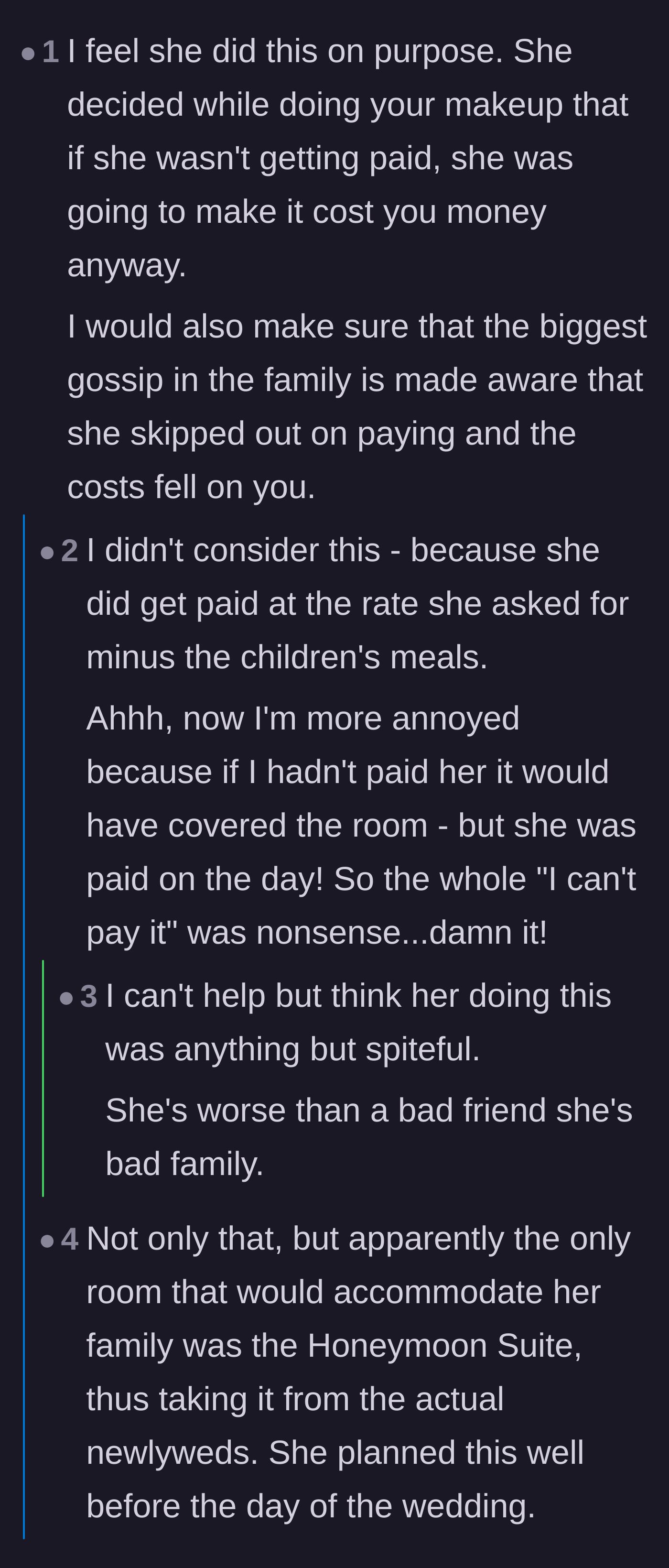 Comment thread 5 - Readers deducing that the cousin deliberately stuck the bride with the bill out of spite.