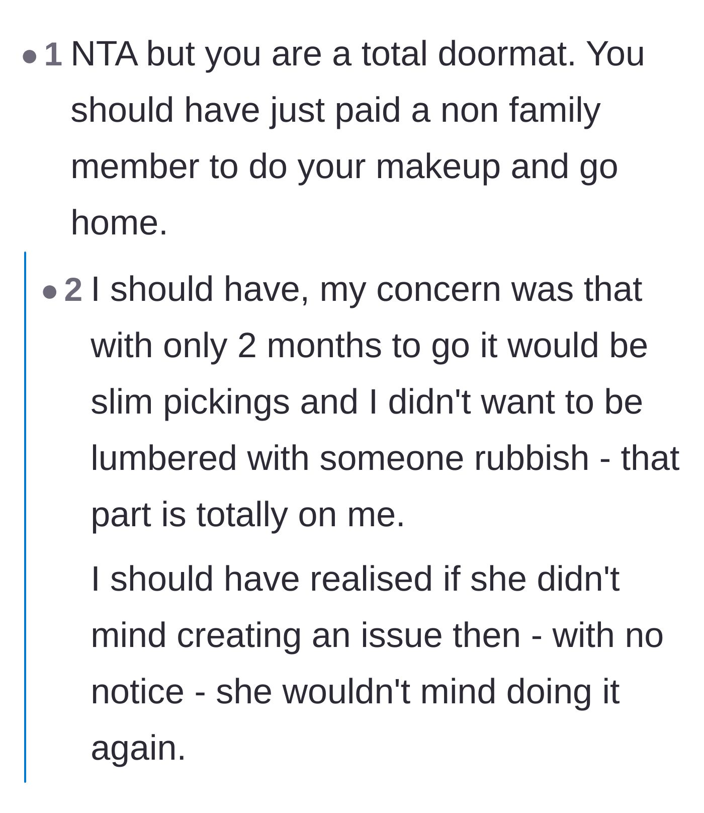 Comment thread 6 - A blunt comment calling the bride a doormat and her subsequent self-reflection.