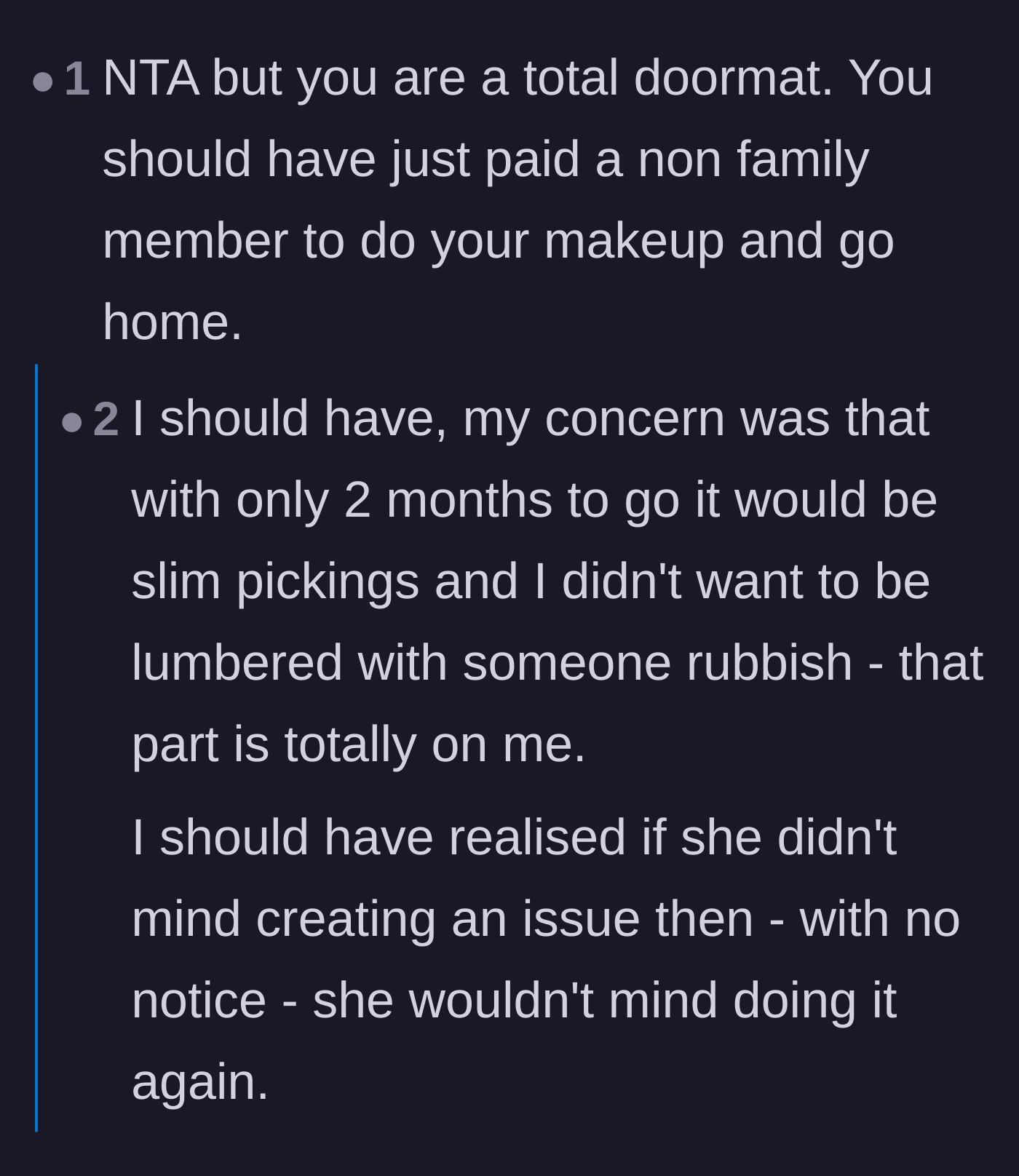 Comment thread 6 - A blunt comment calling the bride a doormat and her subsequent self-reflection.
