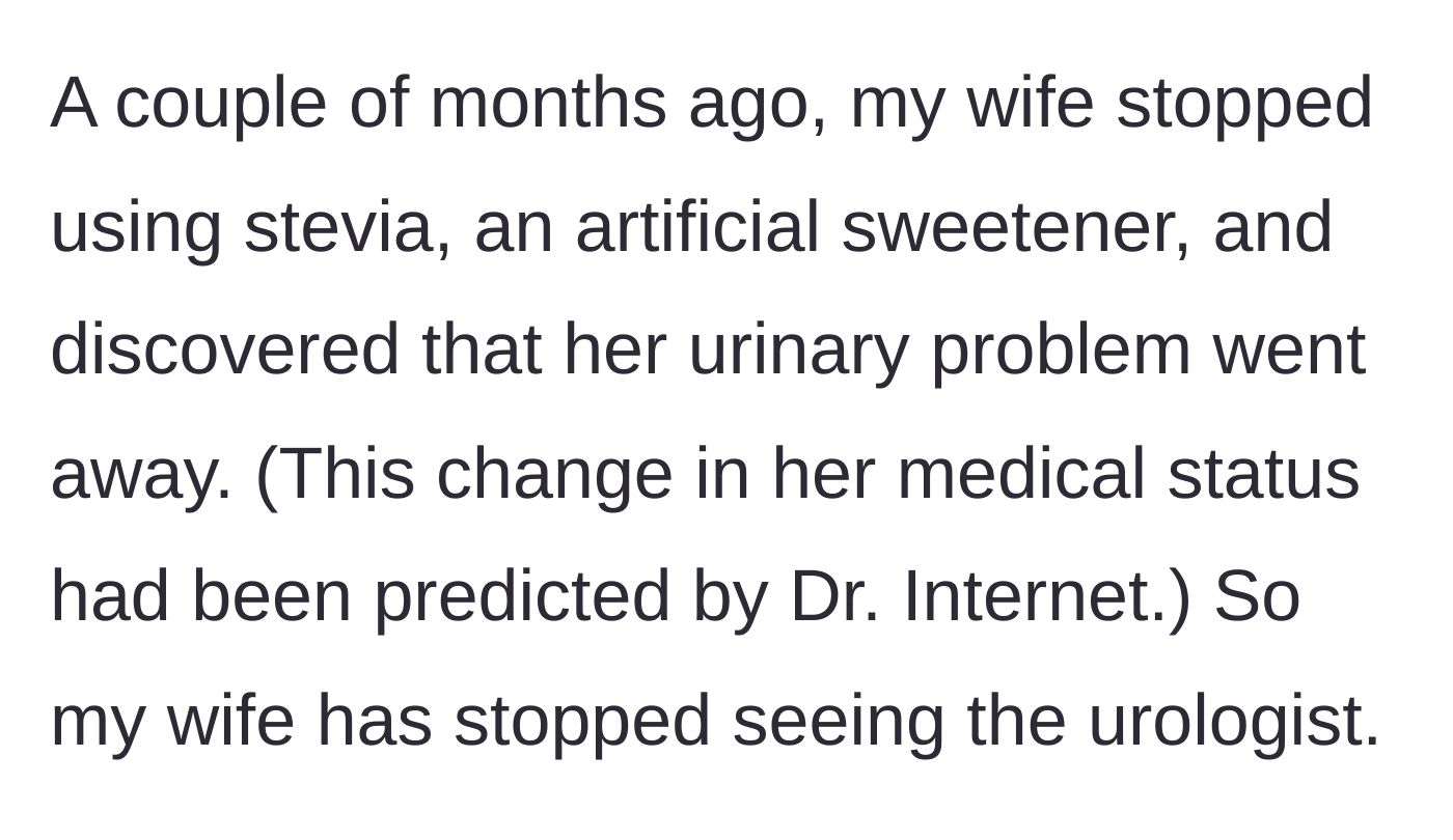 Story part 2 - The wife stops consuming stevia, curing her symptoms, and cancels her specialist appointments.