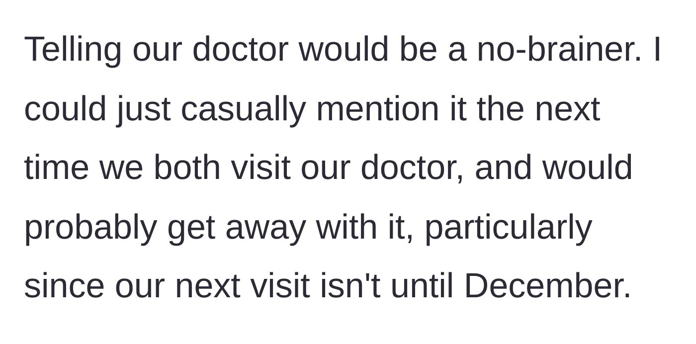Story part 5 - The husband considers casually revealing the secret at their next joint doctor's appointment in December.