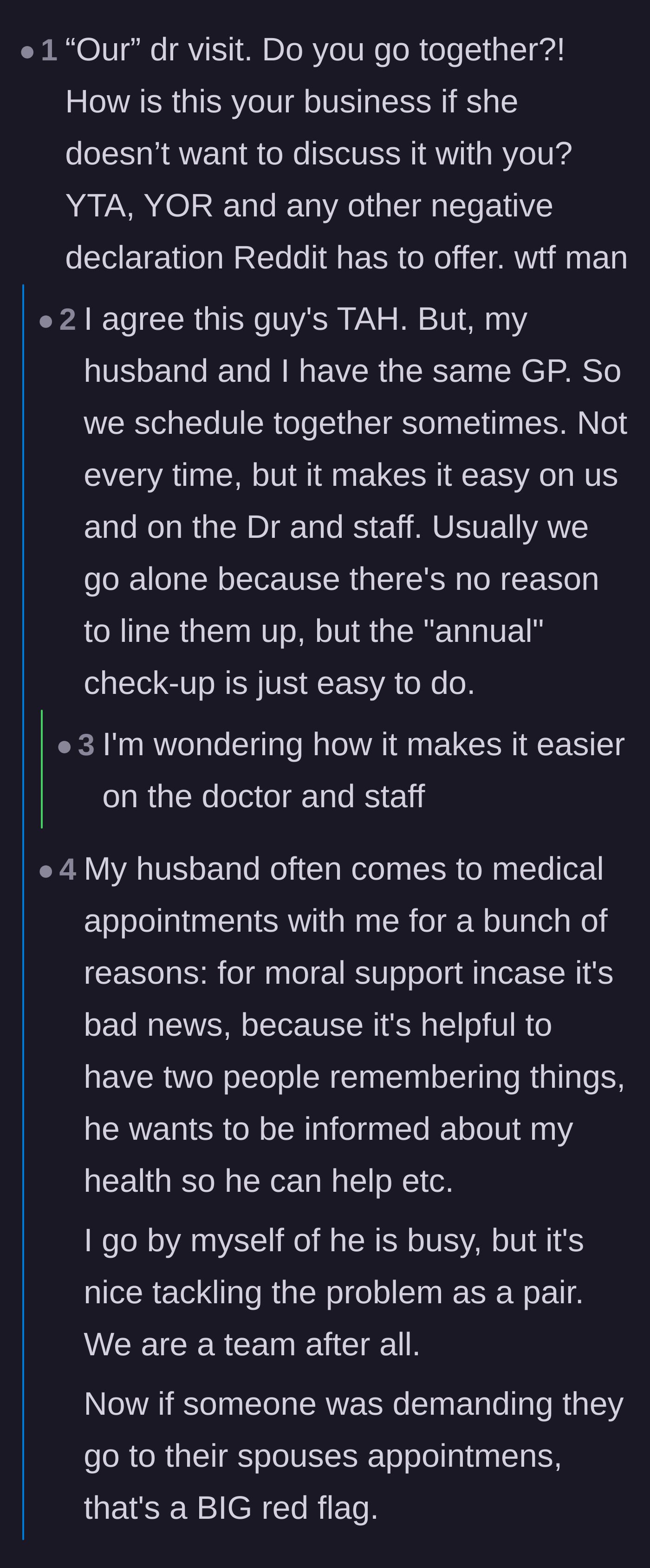 Comment thread 6 - Confusion over the couple attending joint doctor appointments.