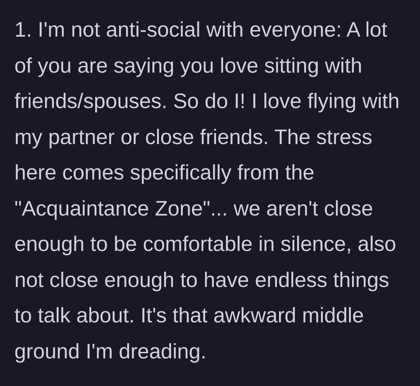 Story part 7 - An edit clarifying that the main character enjoys flying with close friends, but deeply dreads the awkward 'Acquaintance Zone.'