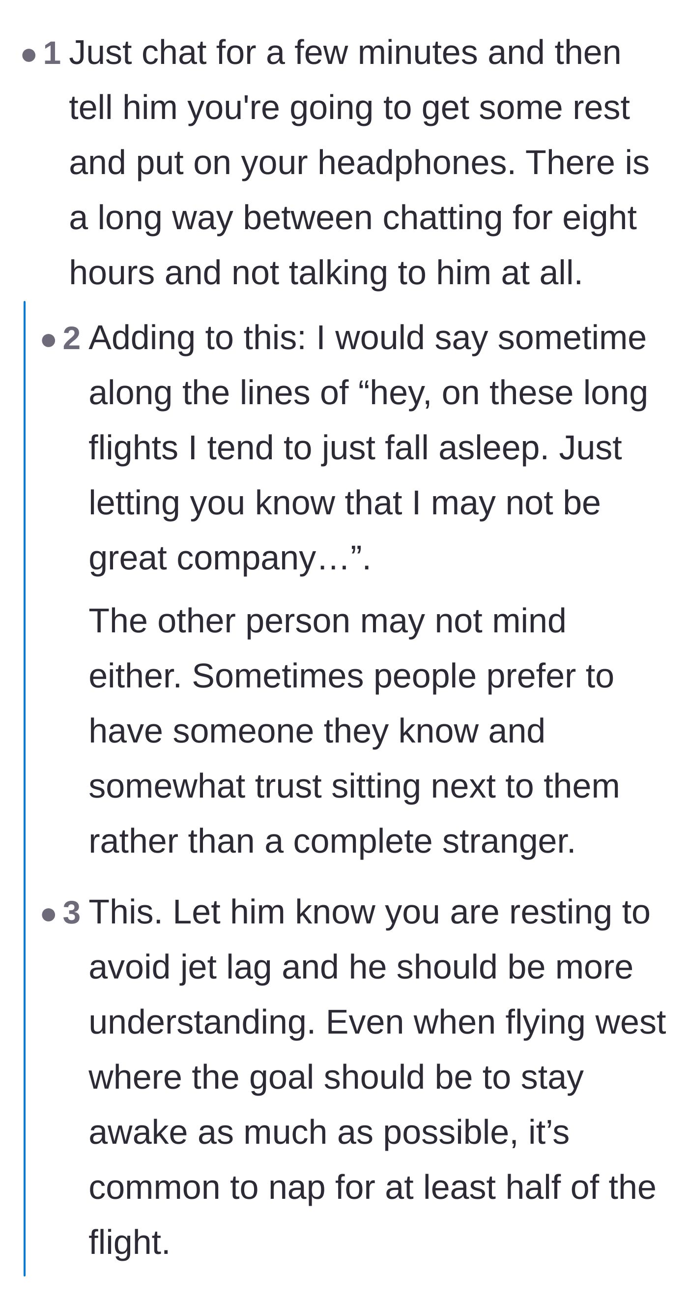 Comment thread discussing the compromise of briefly chatting before announcing the intention to sleep.