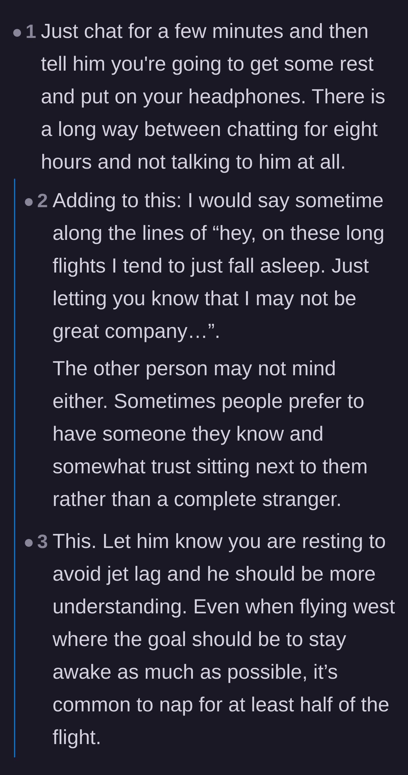 Comment thread discussing the compromise of briefly chatting before announcing the intention to sleep.