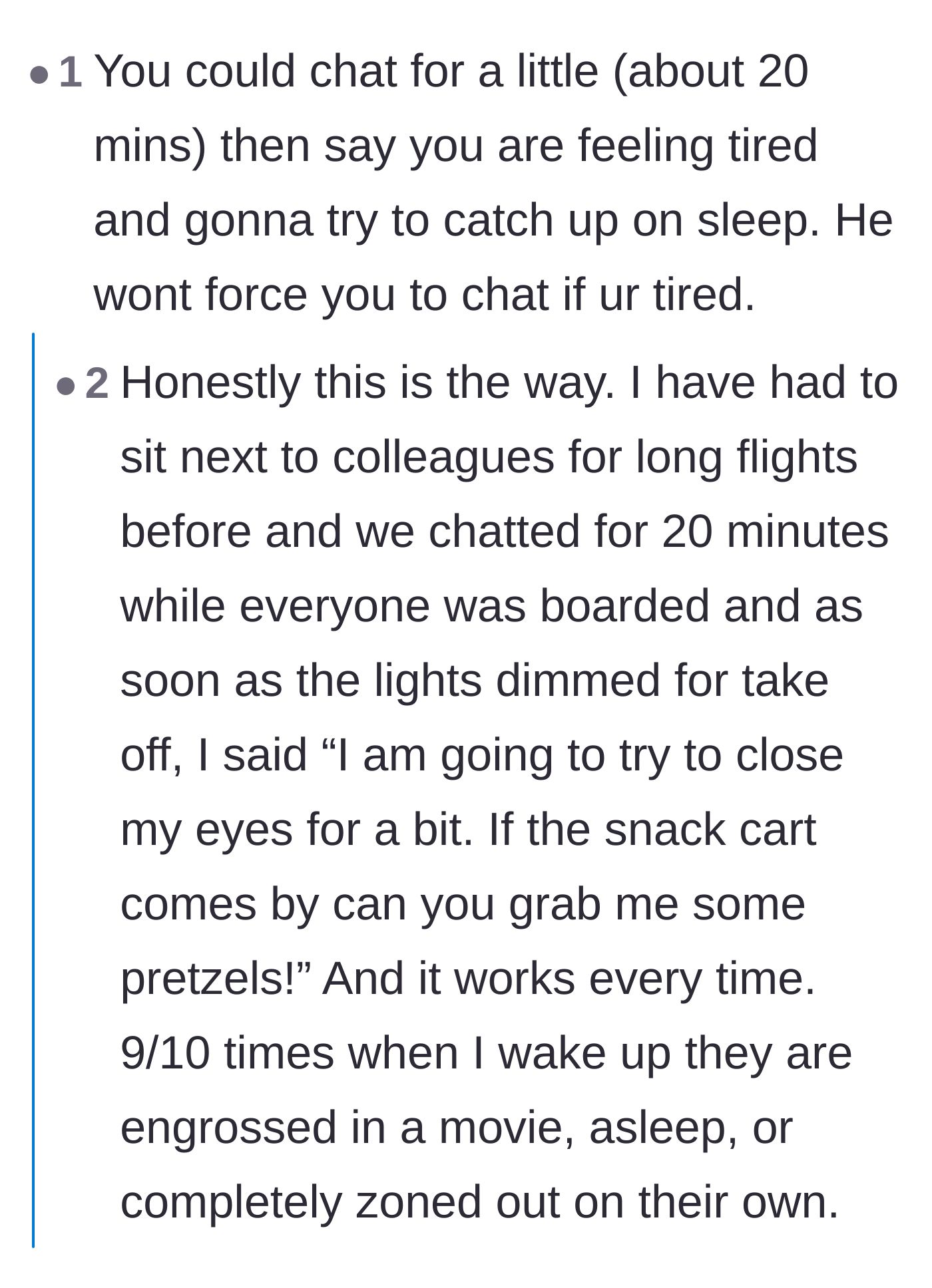 Comment thread offering tactical advice on how to gracefully exit a conversation after twenty minutes of boarding.