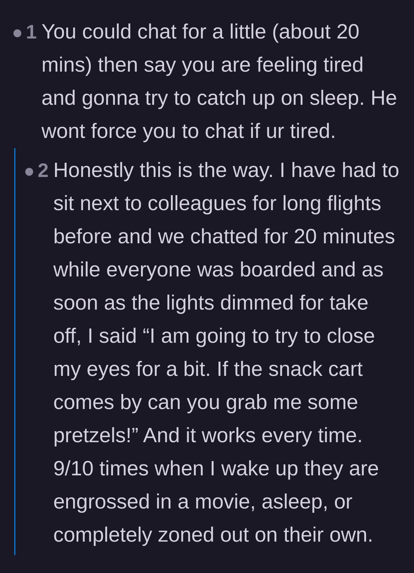 Comment thread offering tactical advice on how to gracefully exit a conversation after twenty minutes of boarding.