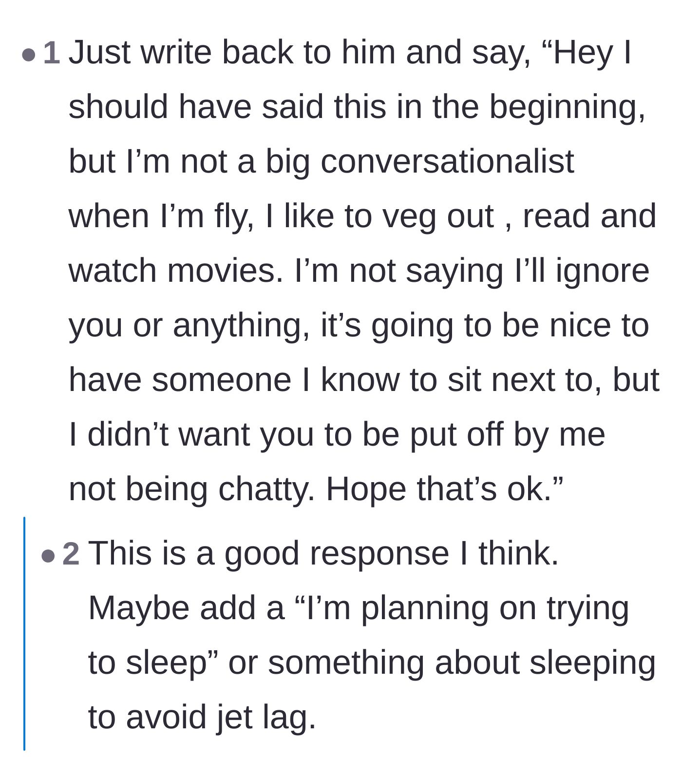 Comment thread providing a polite, pre-written text message template to manage flight expectations.
