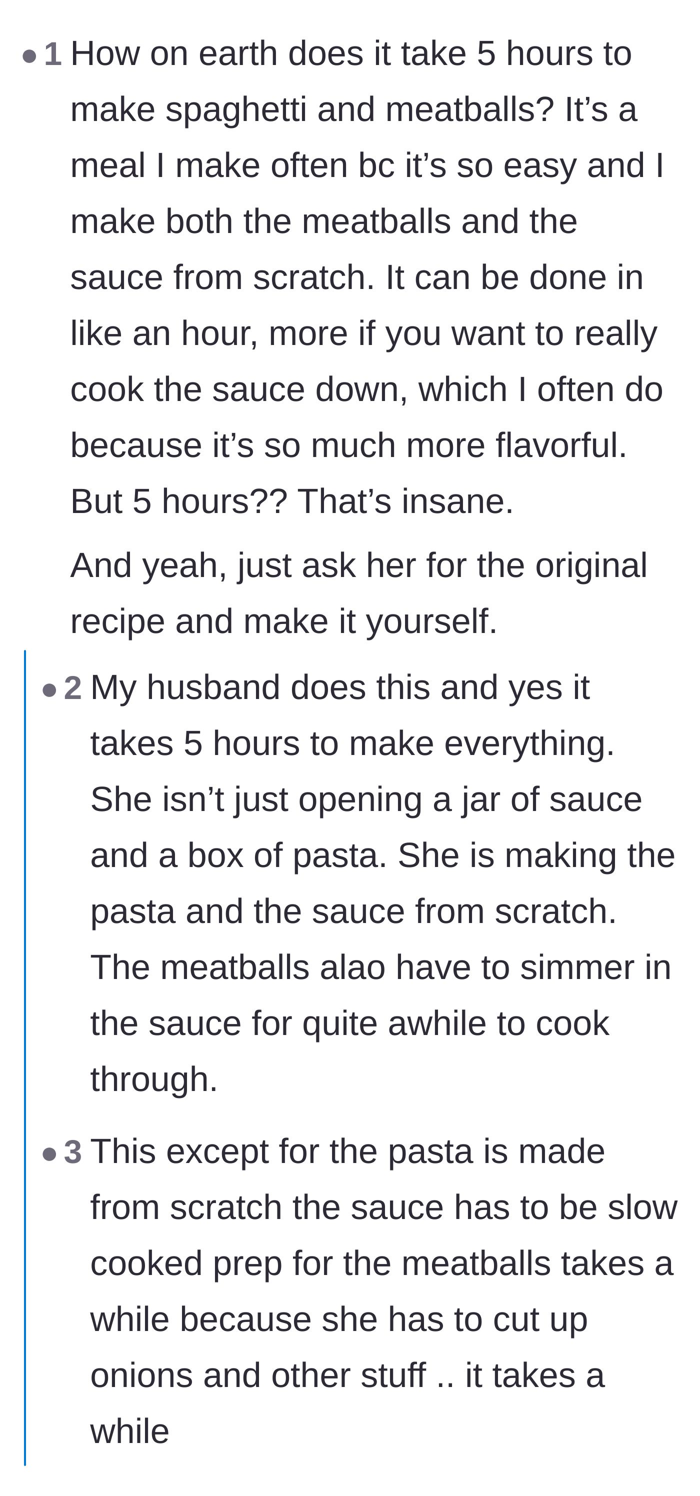Comment thread 1 - Readers debate whether five hours is a realistic timeframe for making spaghetti from scratch and analyzing her refusal of his help.