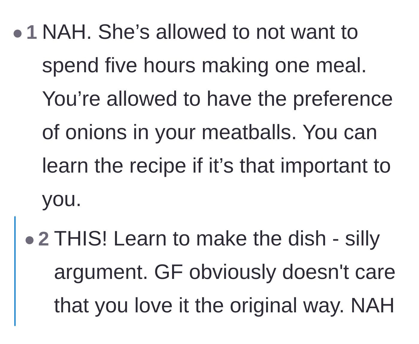 Comment thread 2 - Suggestions that the husband should just ask her to teach him the original recipe instead of demanding she make it.