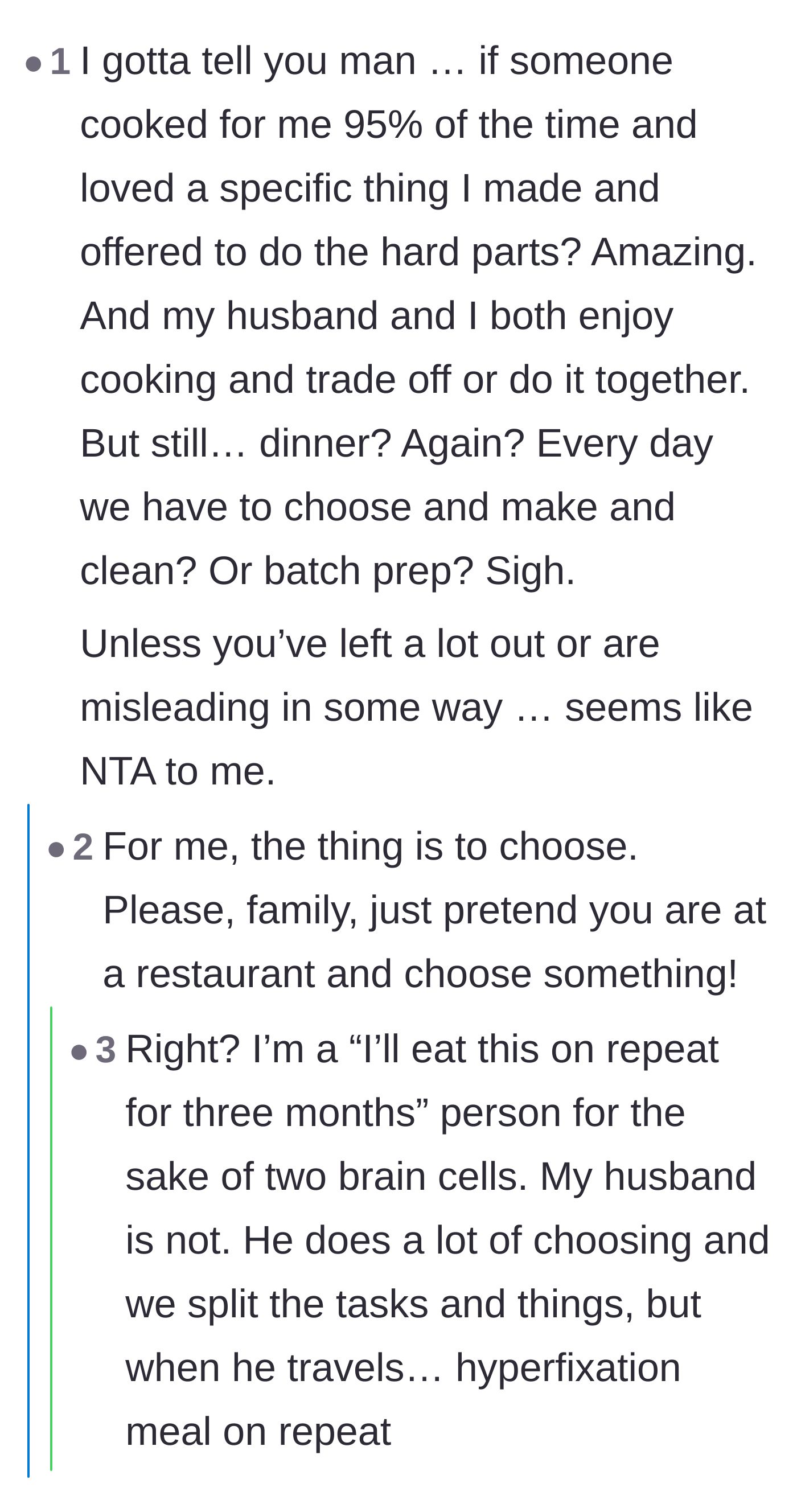 Comment thread 3 - Defending the husband's frustration given he handles the vast majority of the household cooking.