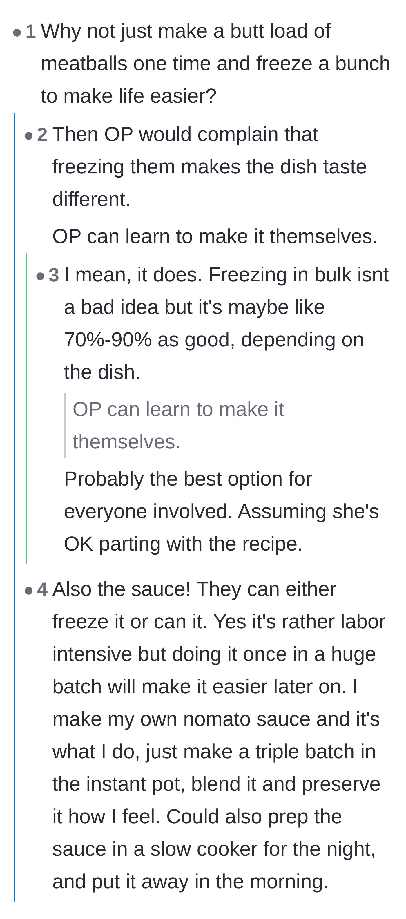 Comment thread 5 - Discussion about batch cooking and freezing the components to save time, and why recipe gatekeeping hurts relationships.