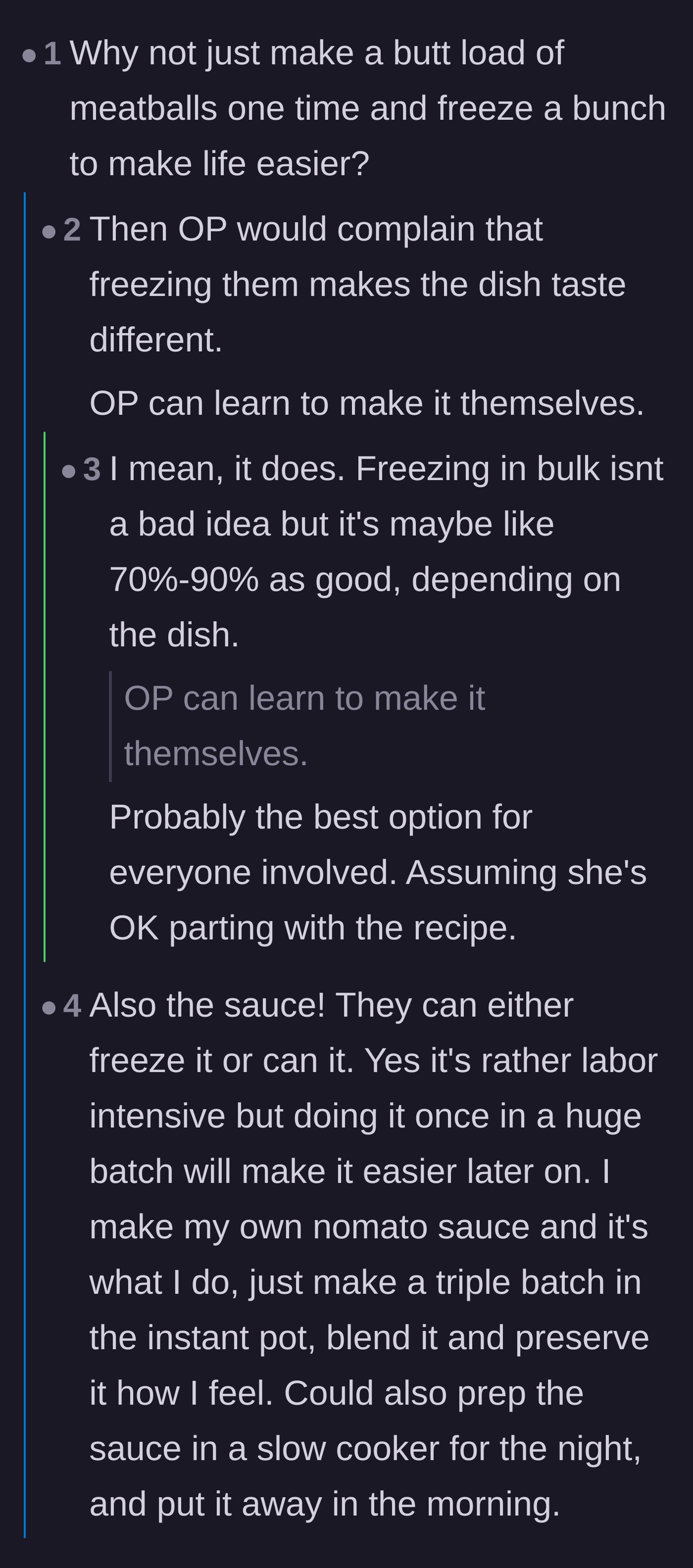 Comment thread 5 - Discussion about batch cooking and freezing the components to save time, and why recipe gatekeeping hurts relationships.