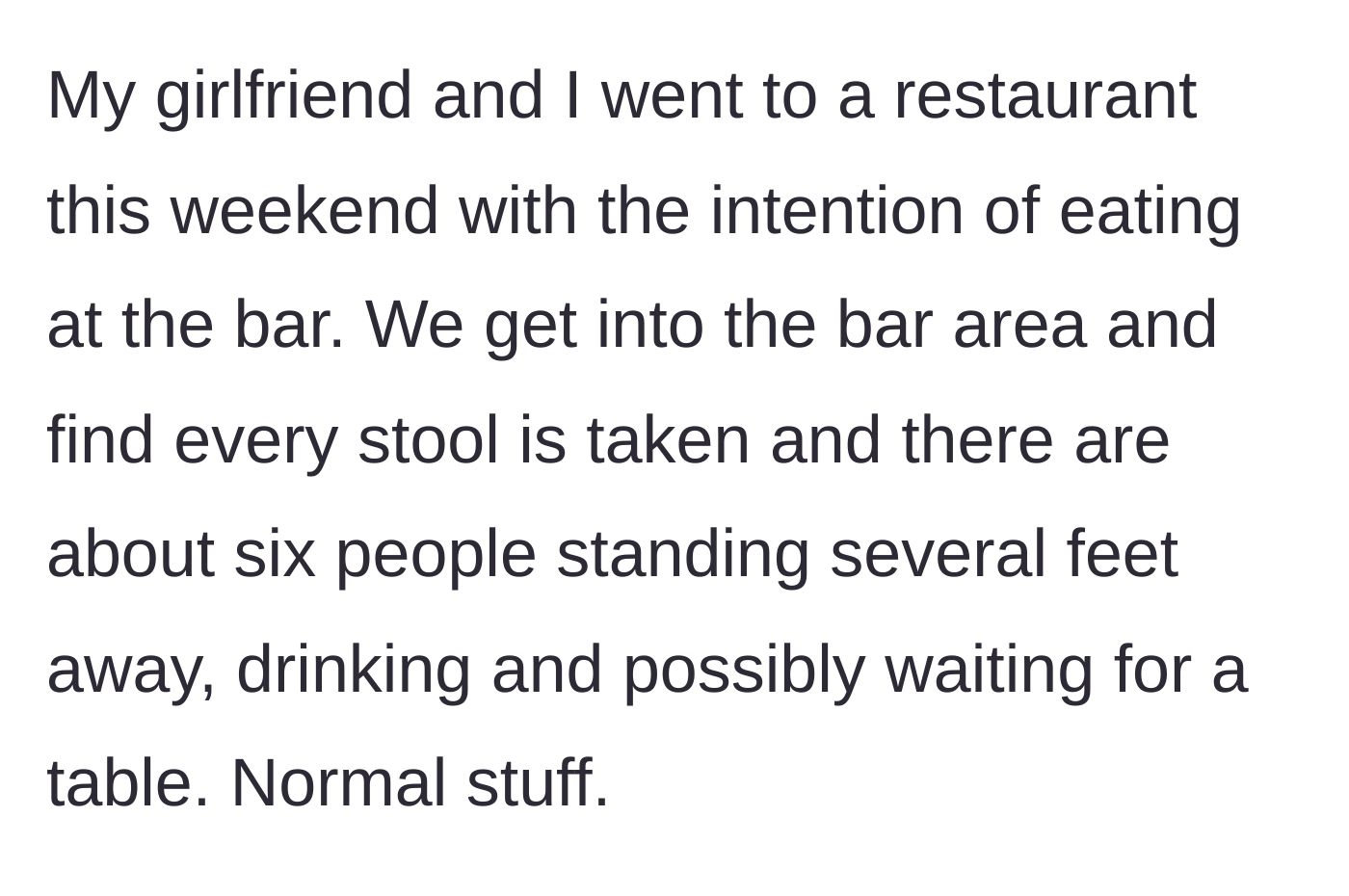 Story part 1 - A couple walks into a crowded restaurant bar area with several people standing around.