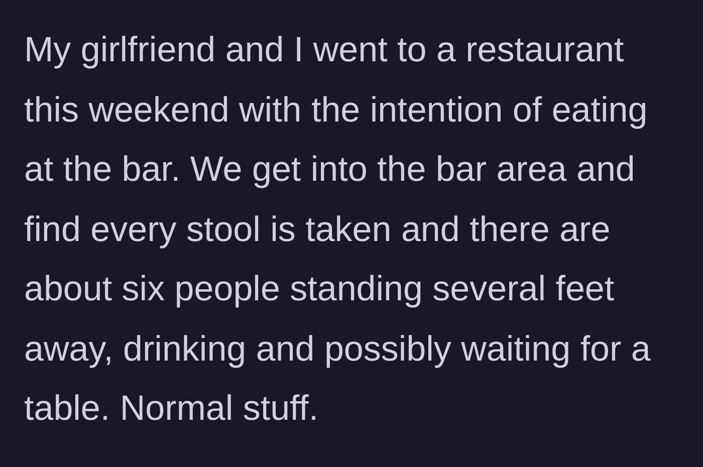 Story part 1 - A couple walks into a crowded restaurant bar area with several people standing around.