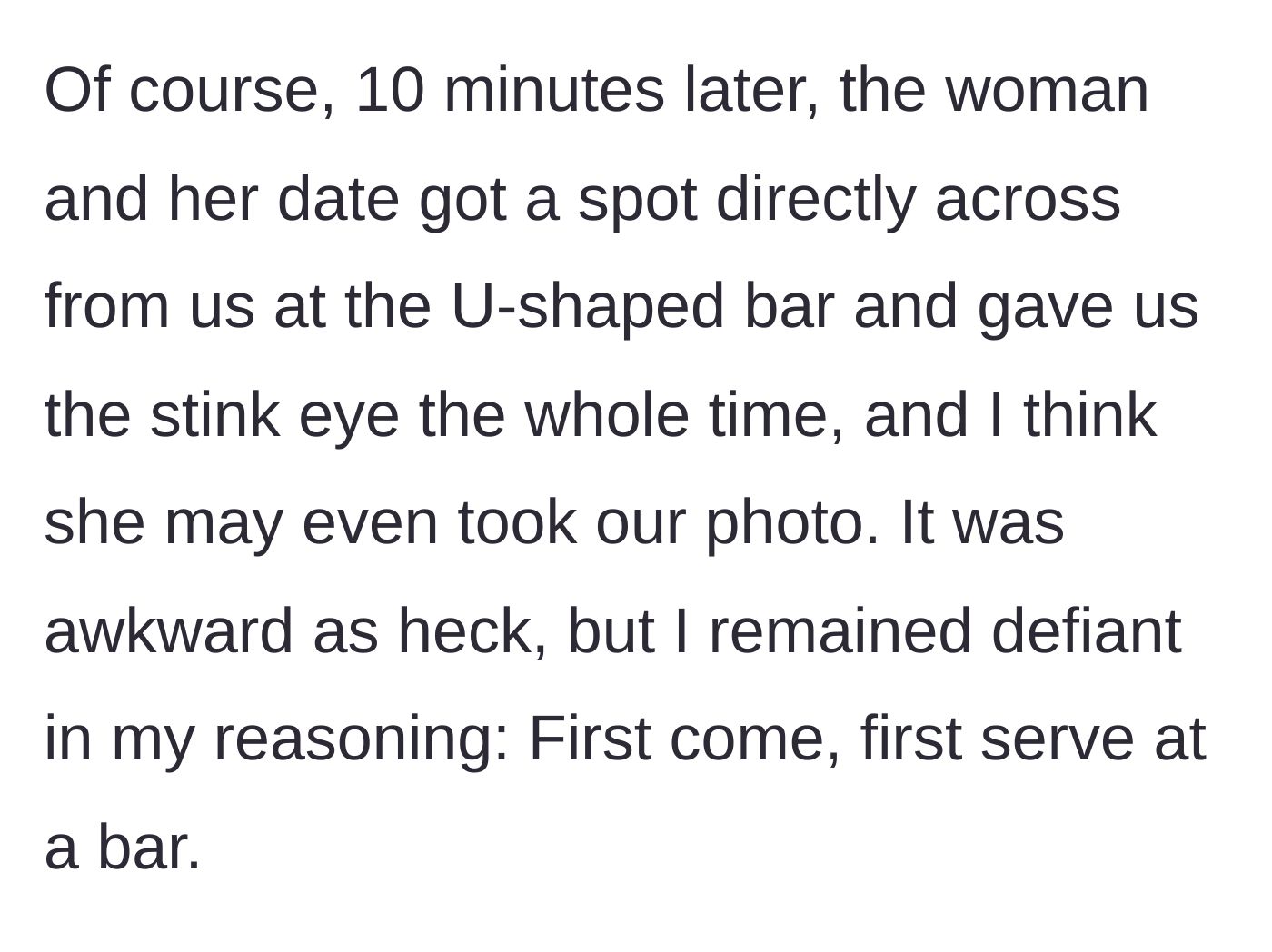 Story part 5 - The angry woman and her date get seated across the U-shaped bar and glare at the couple.