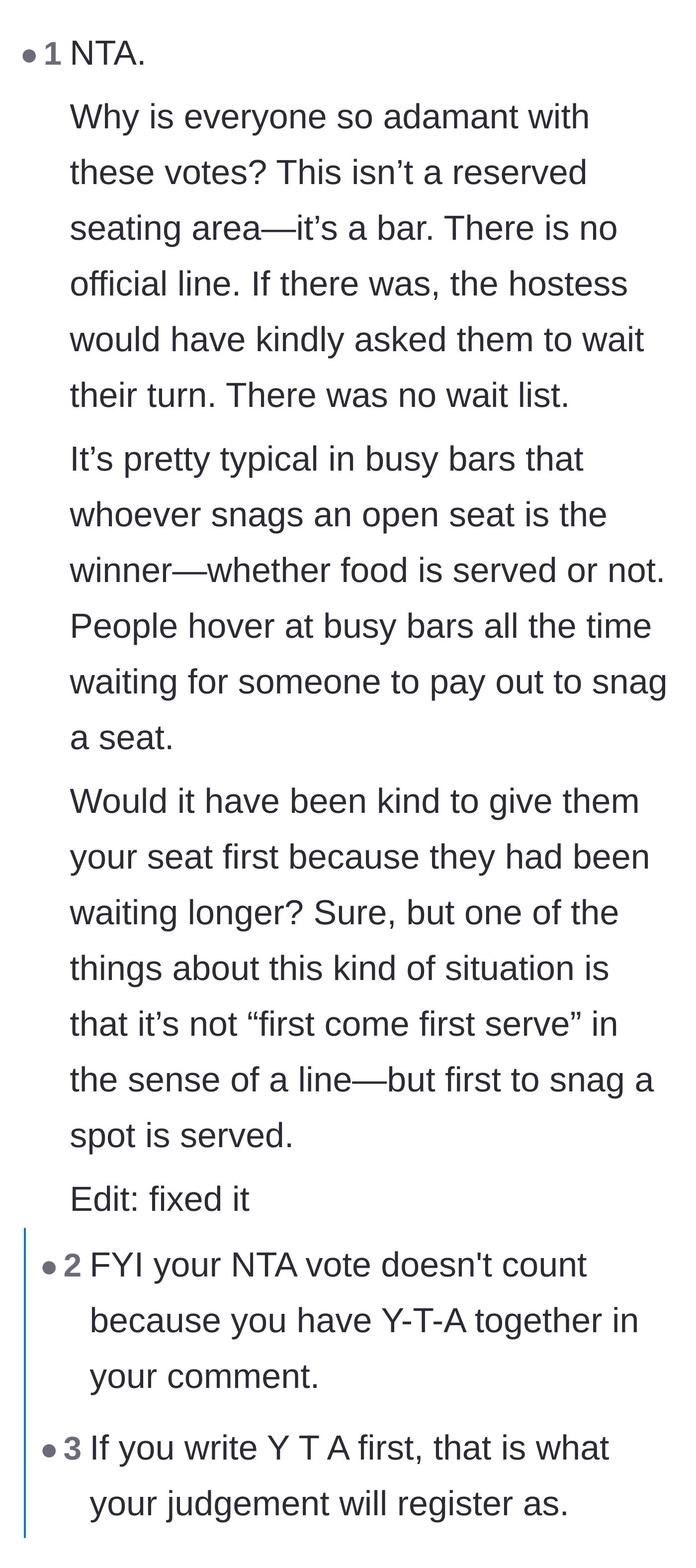 Comment thread 2 - Commenters compare claiming a bar stool to snagging a parking spot, noting that proximity wins.
