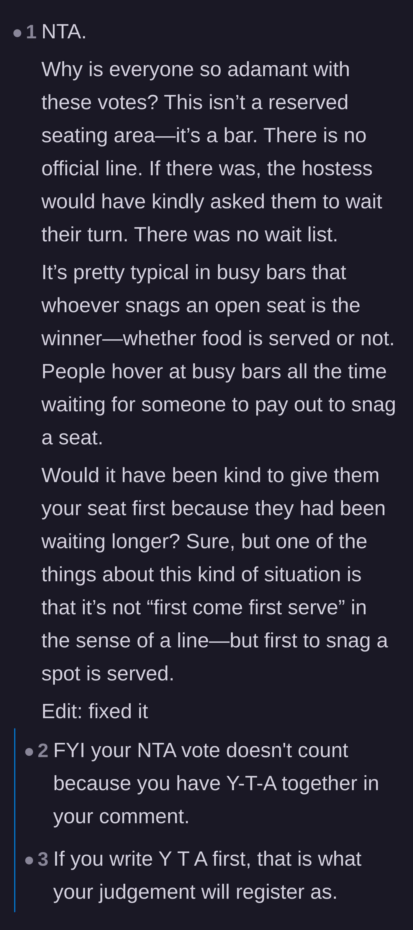Comment thread 2 - Commenters compare claiming a bar stool to snagging a parking spot, noting that proximity wins.