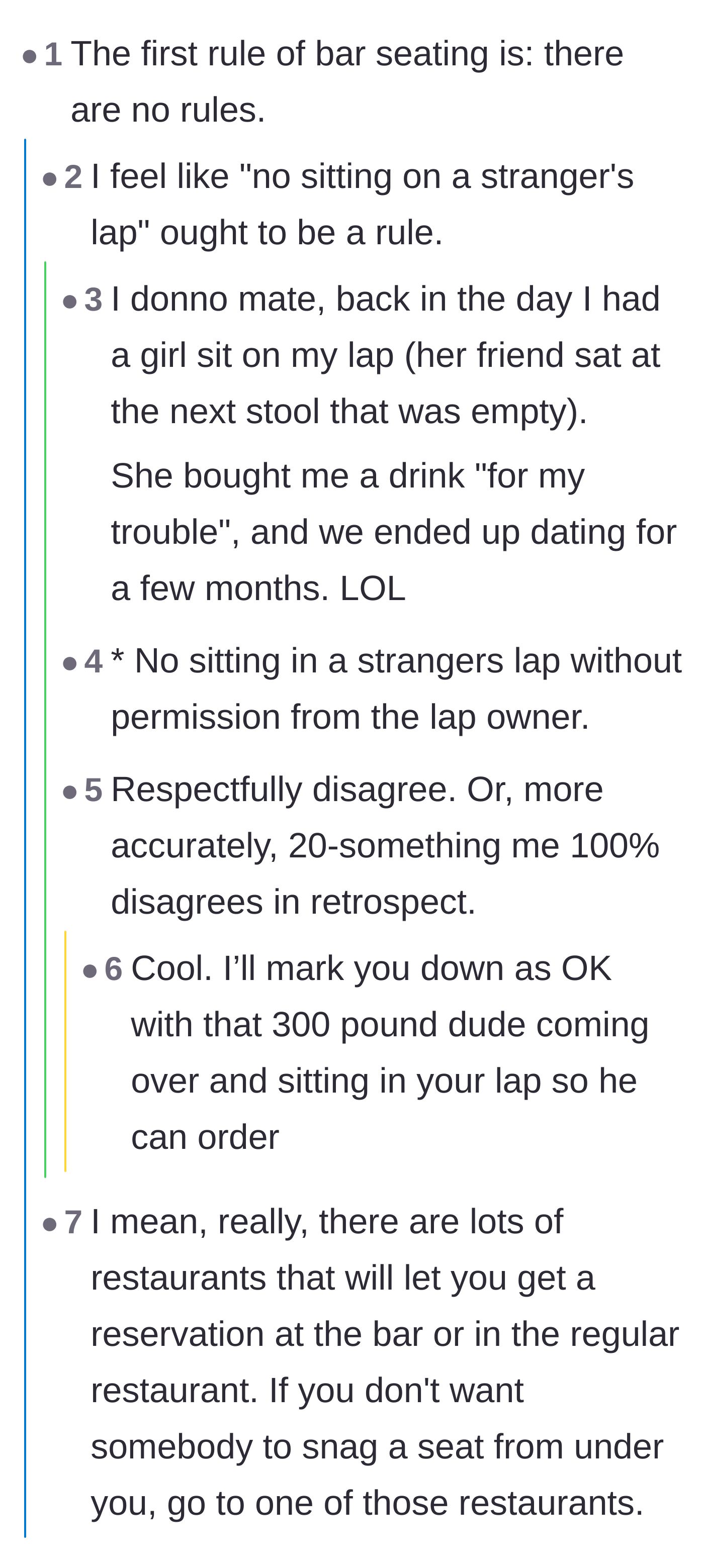 Comment thread 4 - A humorous debate about the lack of rules in bar seating, spiraling into a joke about sitting on strangers' laps.