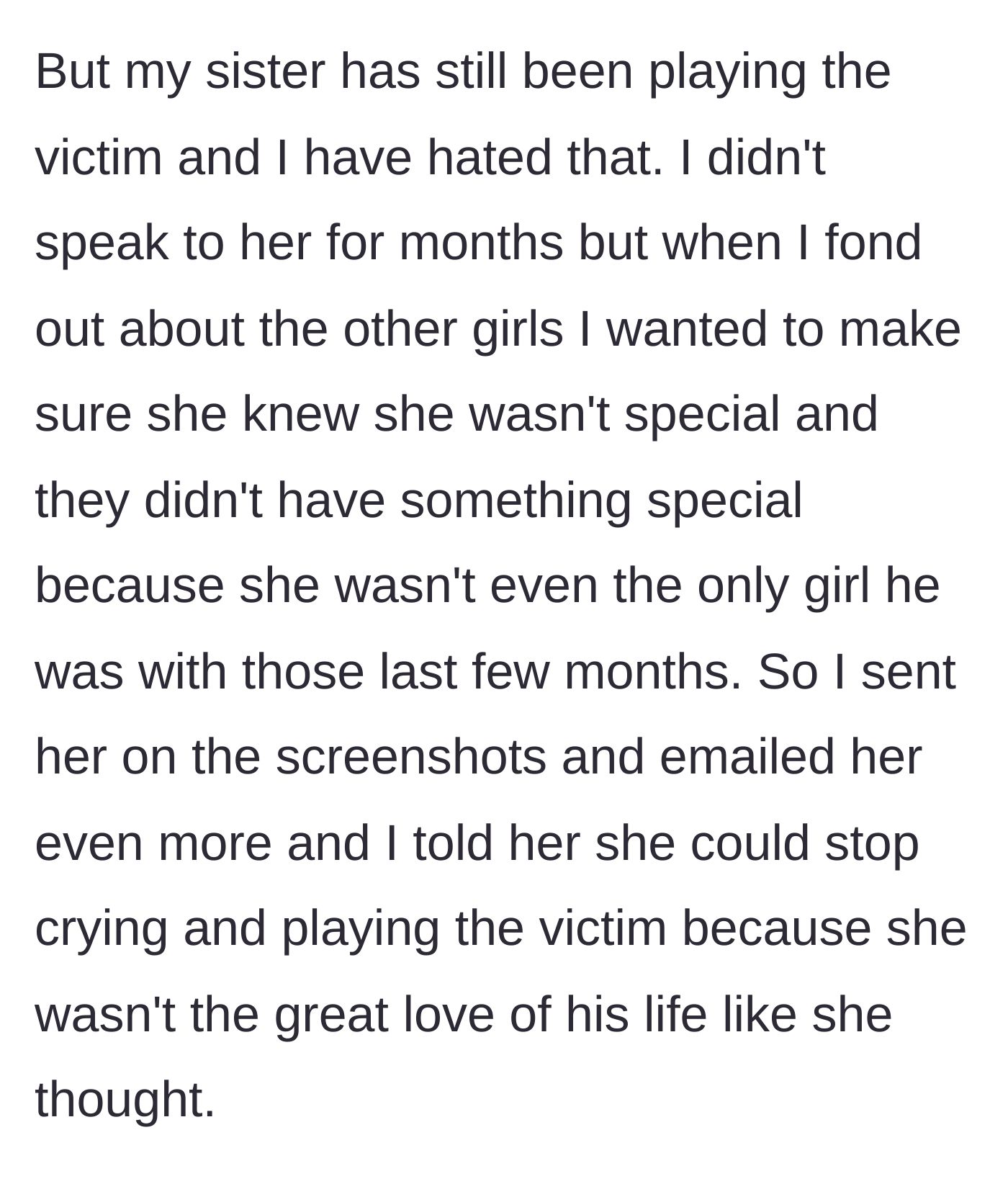 Story part 4 - The author sends her sister screenshots proving she wasn't the late boyfriend's only affair partner to shatter her victim complex.