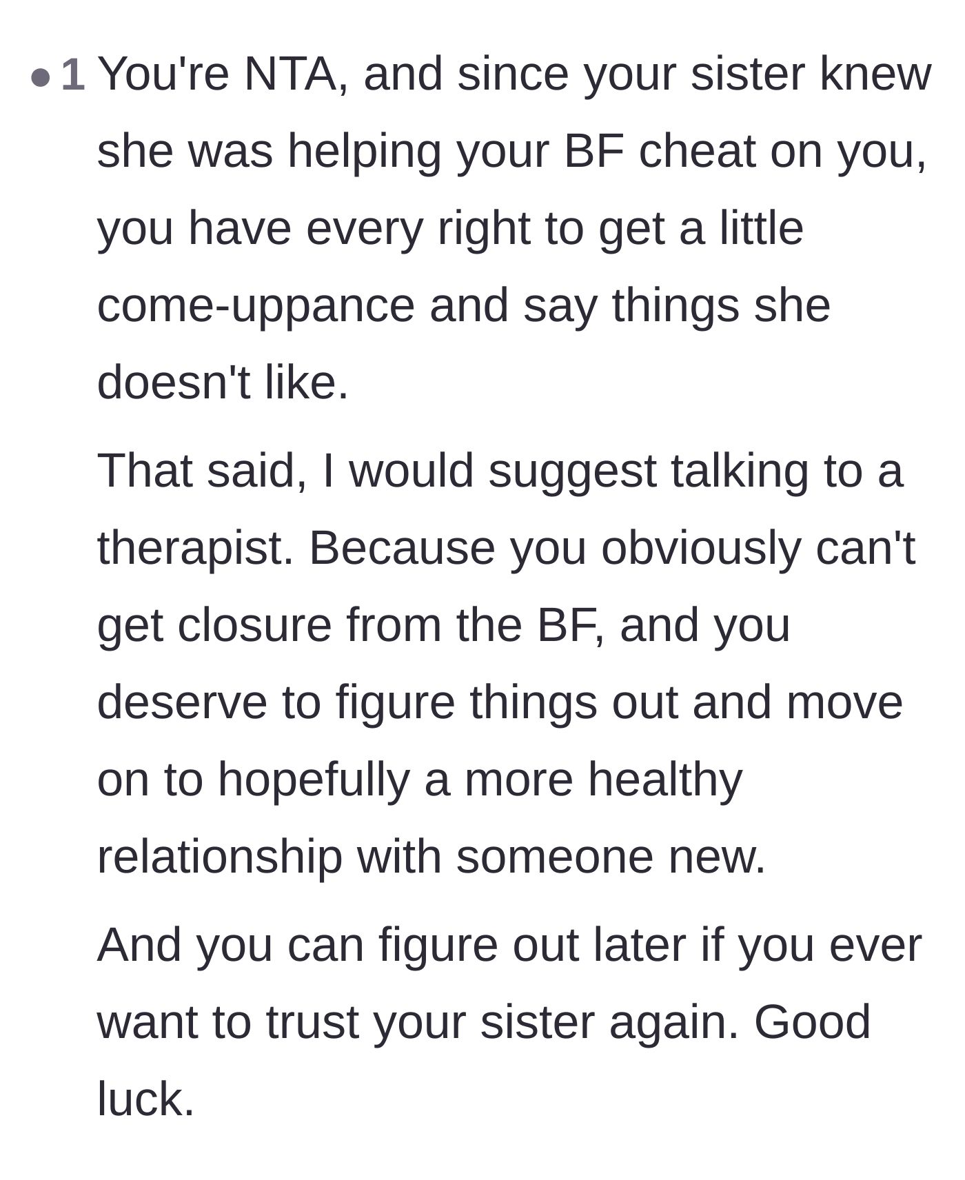 Comment thread 1 - Advice urging the author to seek therapy to heal from the lack of closure.