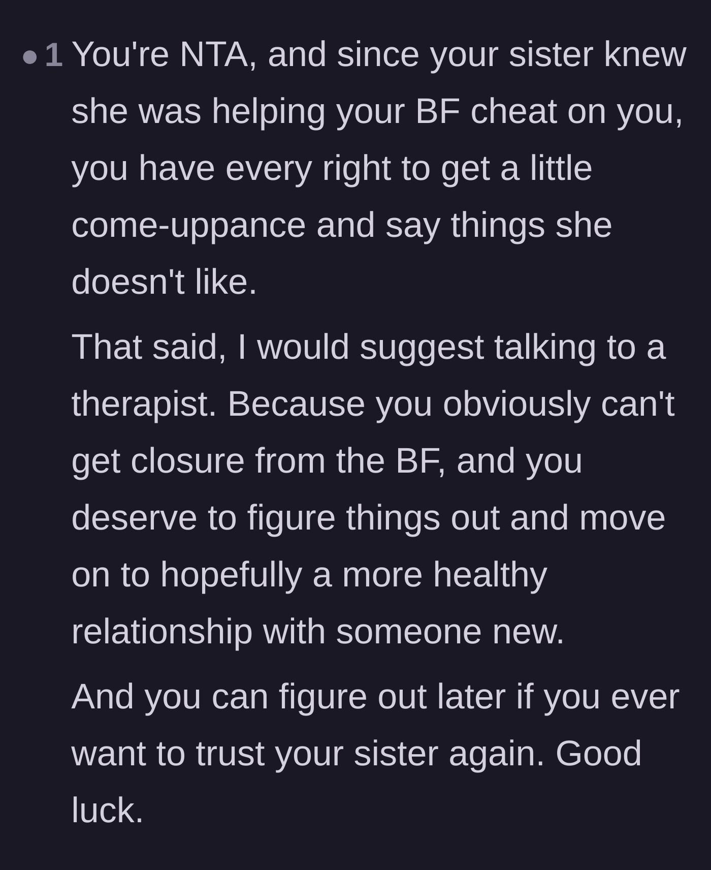 Comment thread 1 - Advice urging the author to seek therapy to heal from the lack of closure.