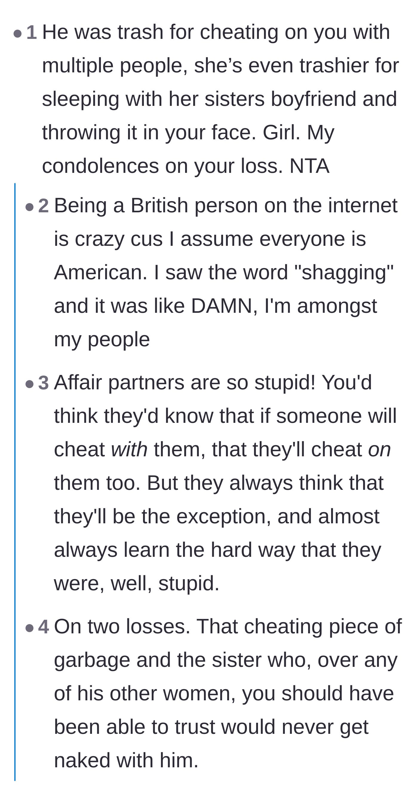 Comment thread 2 - Discussion on the painful reality of losing both a partner and a sister, mixed with humorous banter about British slang.