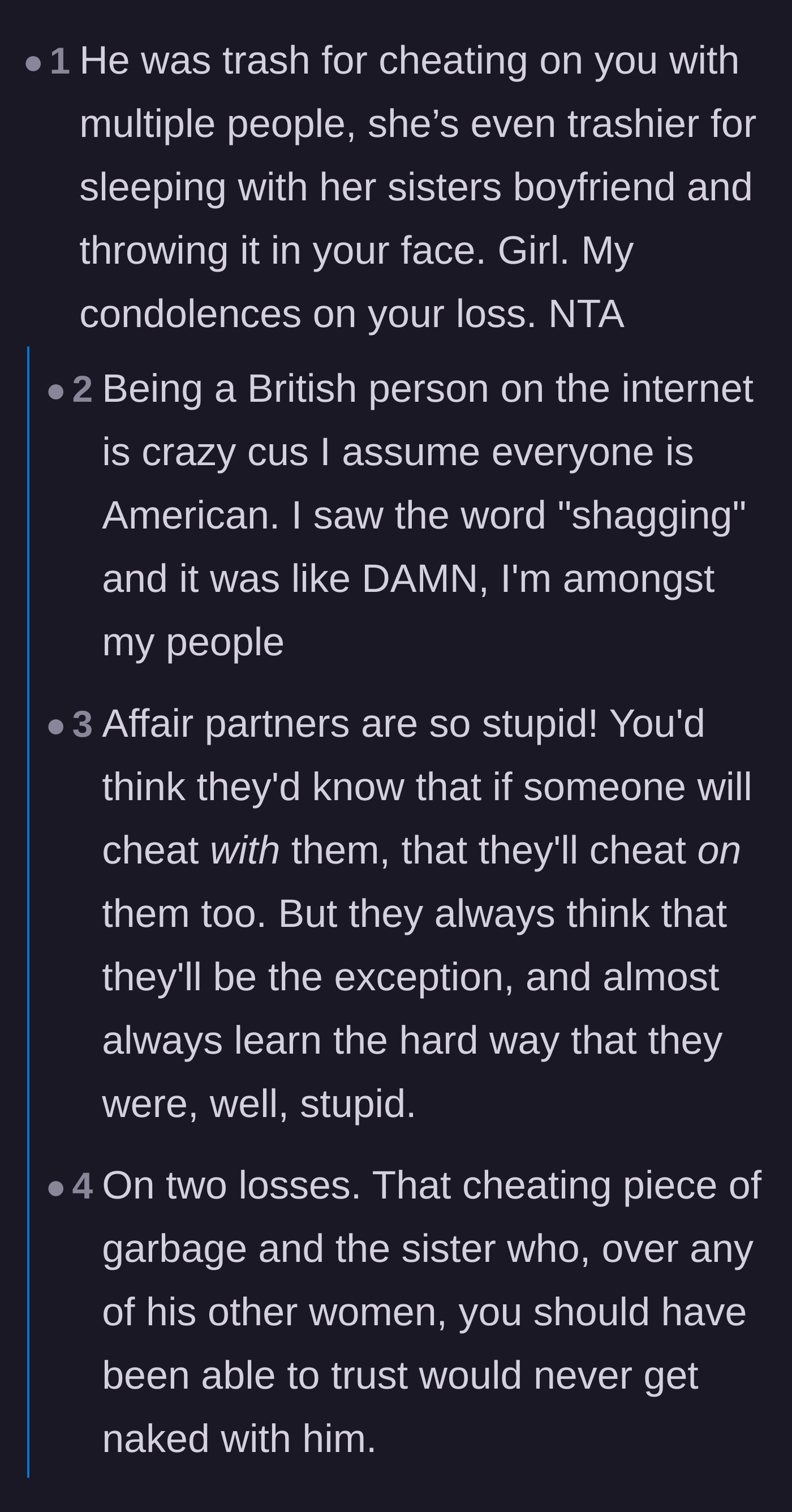 Comment thread 2 - Discussion on the painful reality of losing both a partner and a sister, mixed with humorous banter about British slang.