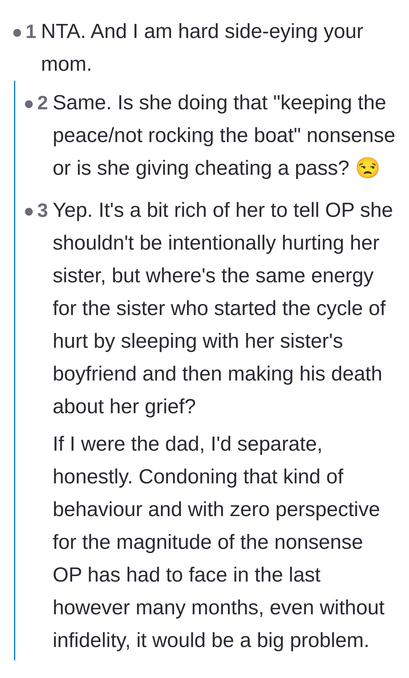 Comment thread 3 - Debating whether the mother is simply trying to keep the peace or projecting her own hidden guilt.