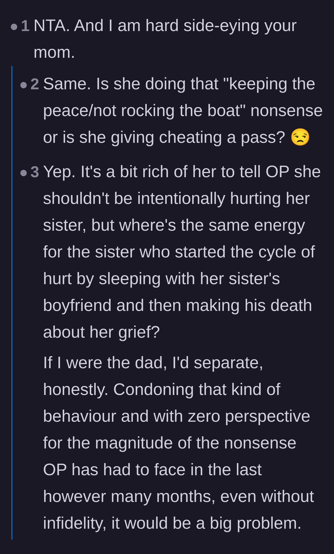 Comment thread 3 - Debating whether the mother is simply trying to keep the peace or projecting her own hidden guilt.