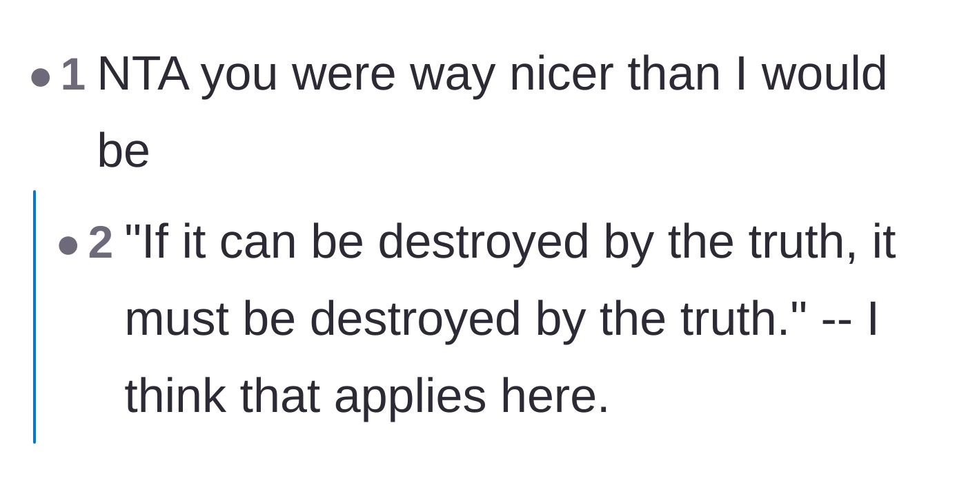 Comment thread 6 - Praising the author's restraint and emphasizing that toxic lies must be destroyed by the truth.