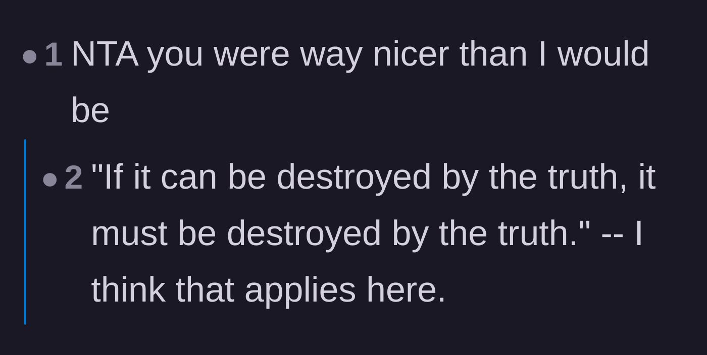 Comment thread 6 - Praising the author's restraint and emphasizing that toxic lies must be destroyed by the truth.