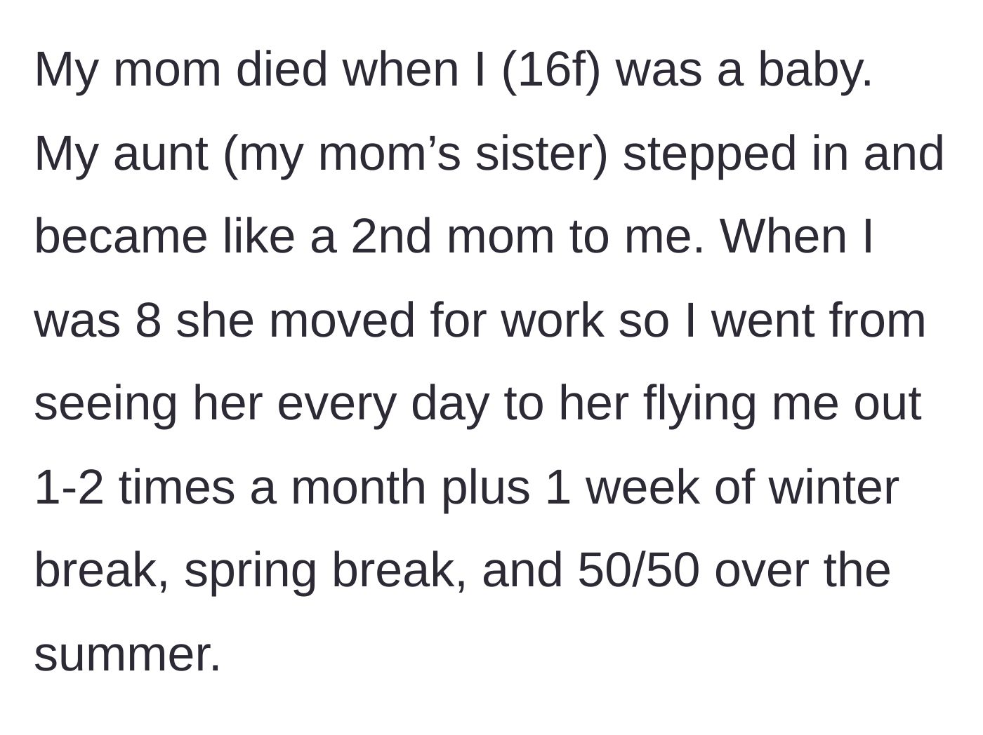 Story part 1 - A baby loses her mother, and her devoted aunt steps in to become her primary maternal figure despite a cross-country move.