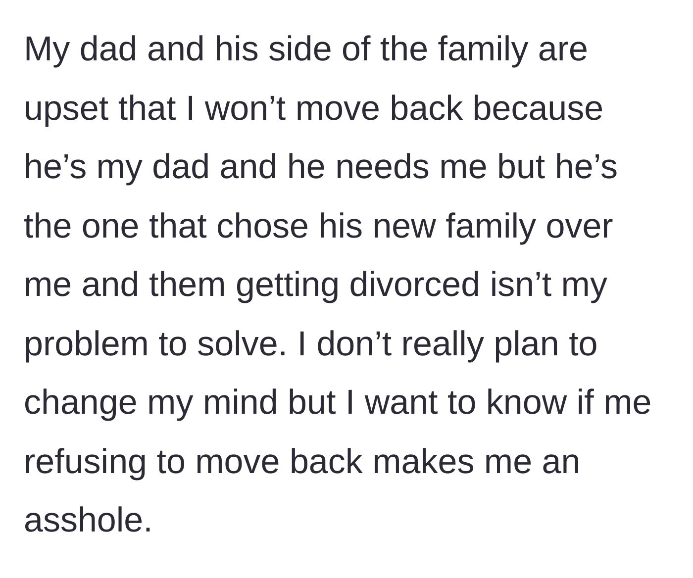 Story part 5 - The father's extended family heavily pressures the teenager to return and comfort him, but she holds firm to her boundaries.