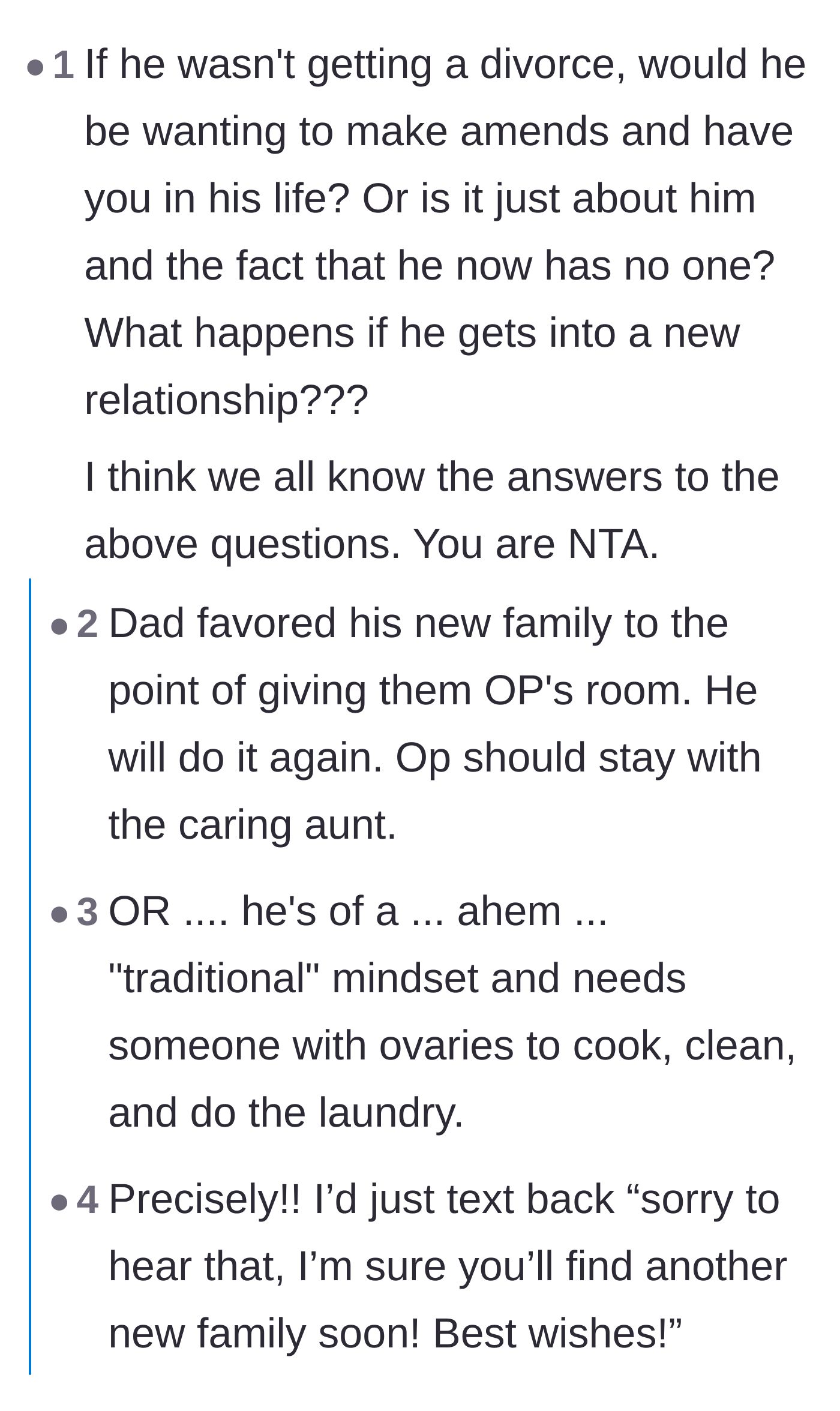 Comment thread 1 - Discussing how the father's sudden desire to reconnect is driven purely by his new isolation rather than genuine paternal remorse.