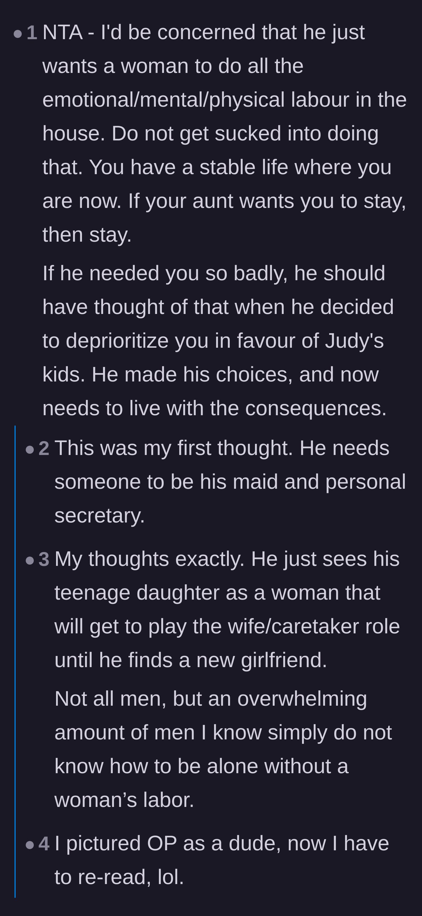 Comment thread 4 - Speculating that the single father is actually just looking for a teenage daughter to take over the domestic and emotional labor of the household.