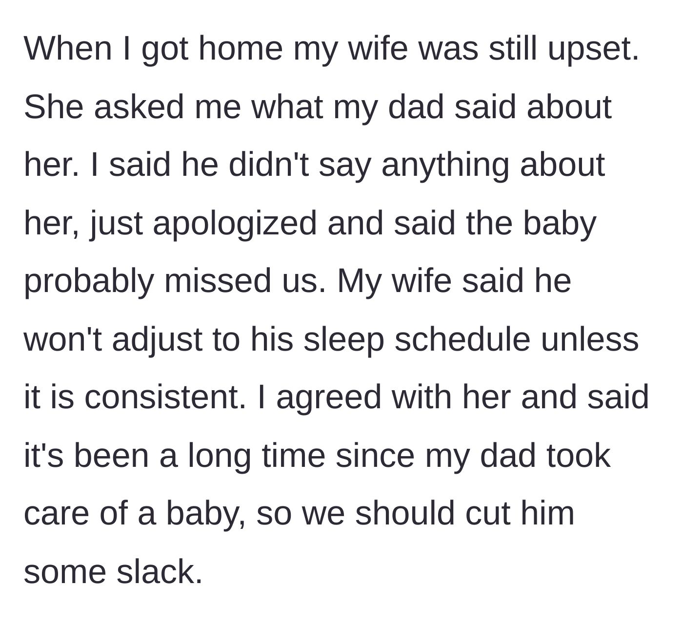 Story part 4 - The wife interrogates her husband about the car ride, remaining angry about the baby's sleep schedule.