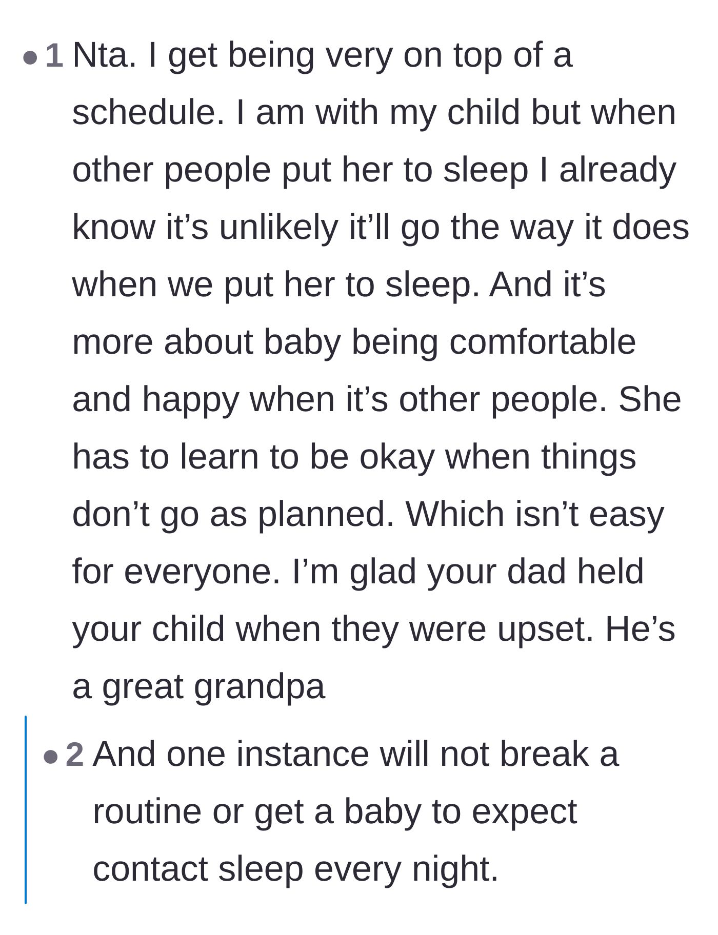 Comment thread 1 - Discussing the unrealistic expectation of perfect sleep schedules and the wife's ungrateful reaction to free childcare