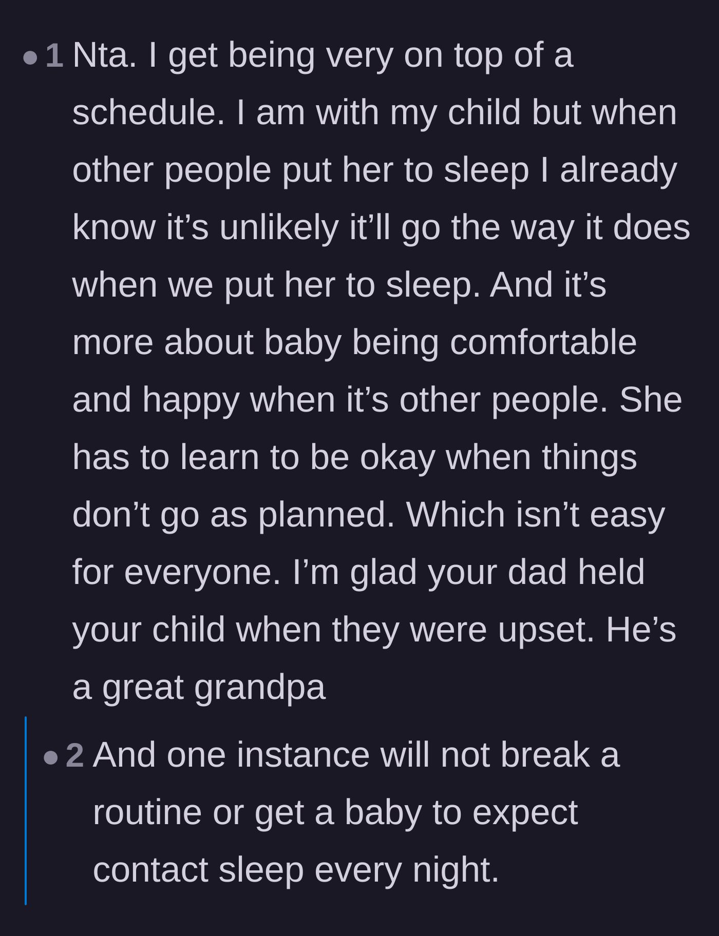 Comment thread 1 - Discussing the unrealistic expectation of perfect sleep schedules and the wife's ungrateful reaction to free childcare