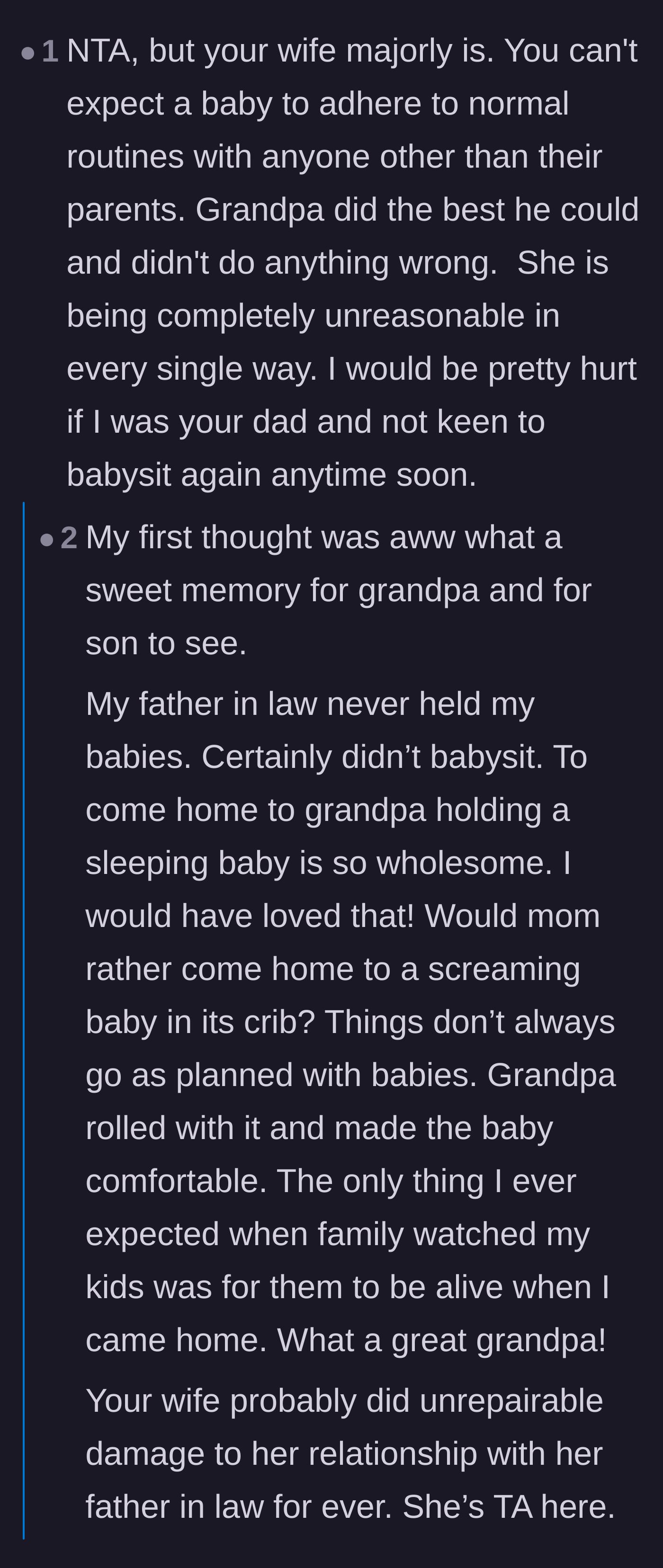 Comment thread 2 - Highlighting the wholesome moment of a grandfather holding his grandchild and calling out the wife's hostility