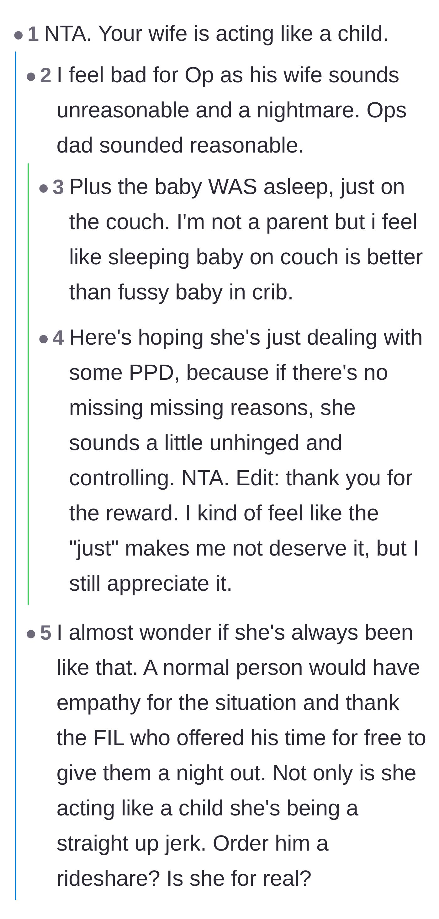 Comment thread 3 - Agreeing that a sleeping baby is always a win and suggesting the wife manufactured the drama to play the victim