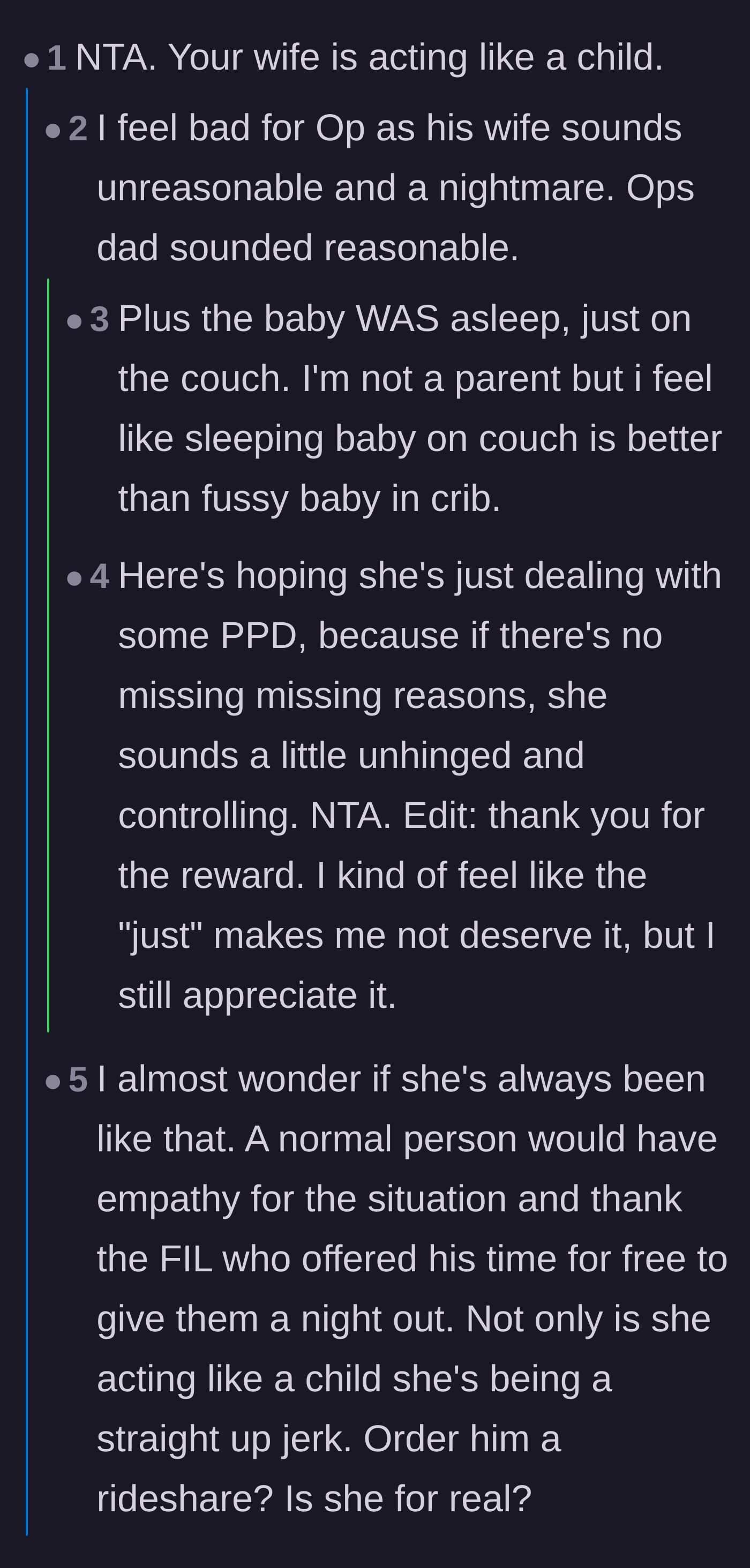 Comment thread 3 - Agreeing that a sleeping baby is always a win and suggesting the wife manufactured the drama to play the victim