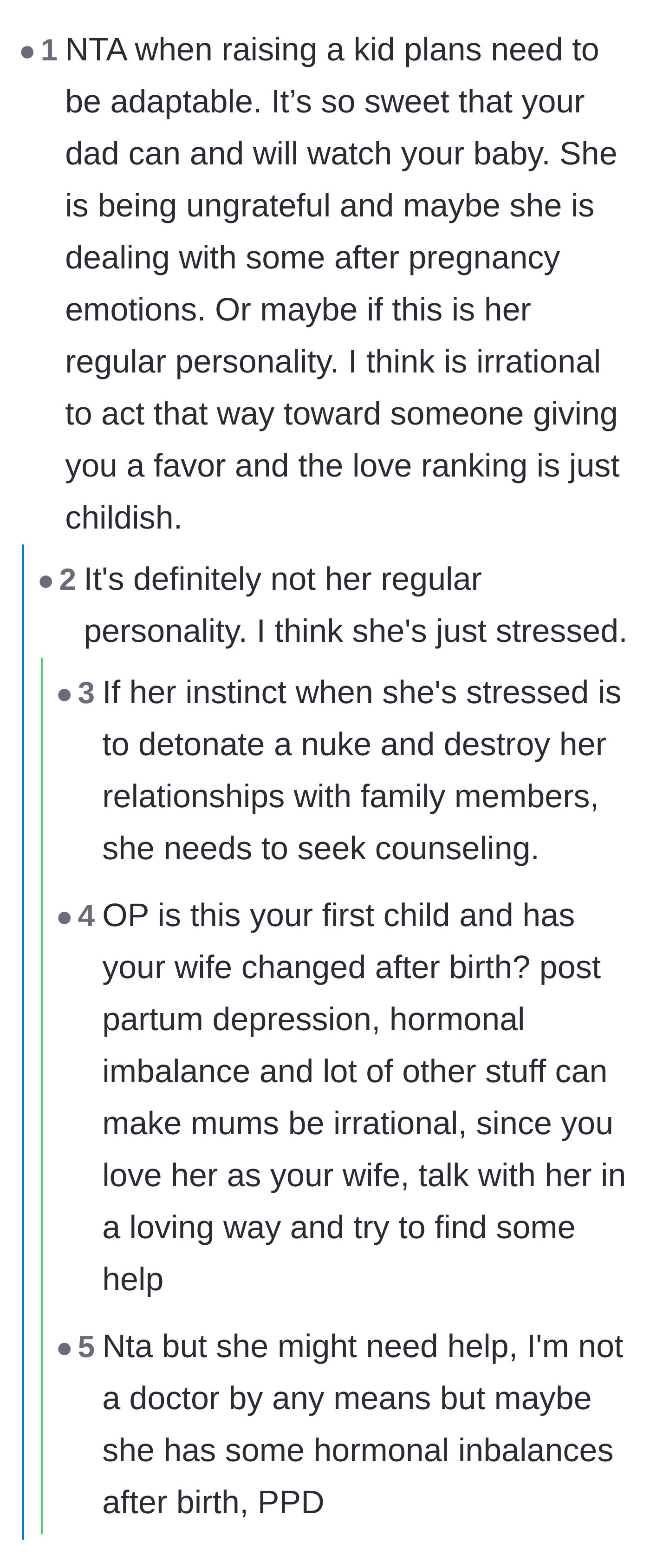 Comment thread 4 - Debating whether the wife's severe overreaction and shifting goalposts are signs of postpartum depression or anxiety
