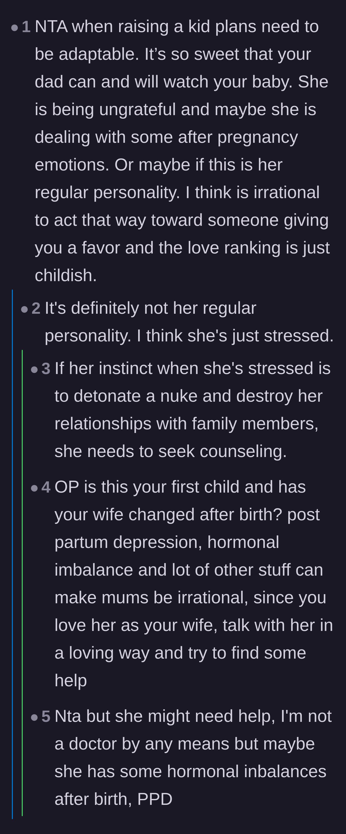 Comment thread 4 - Debating whether the wife's severe overreaction and shifting goalposts are signs of postpartum depression or anxiety