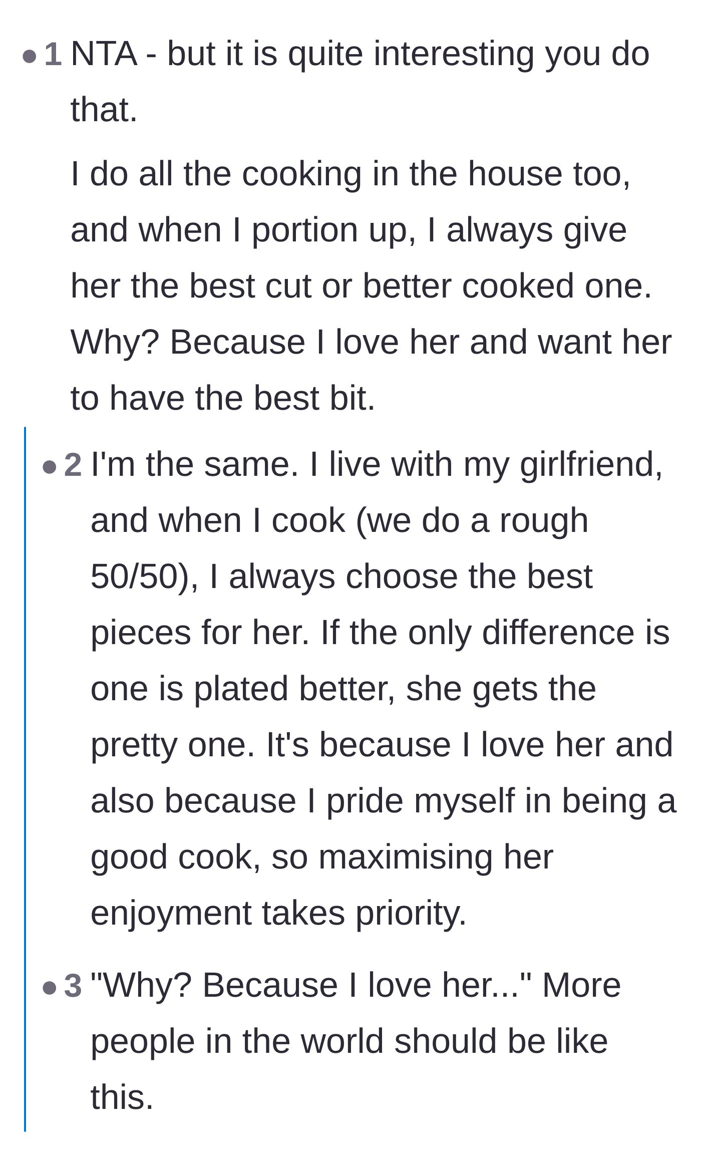 Comment thread 1 - Commenters sharing heartwarming stories about purposefully giving their partners the prettiest and best pieces of food out of love.
