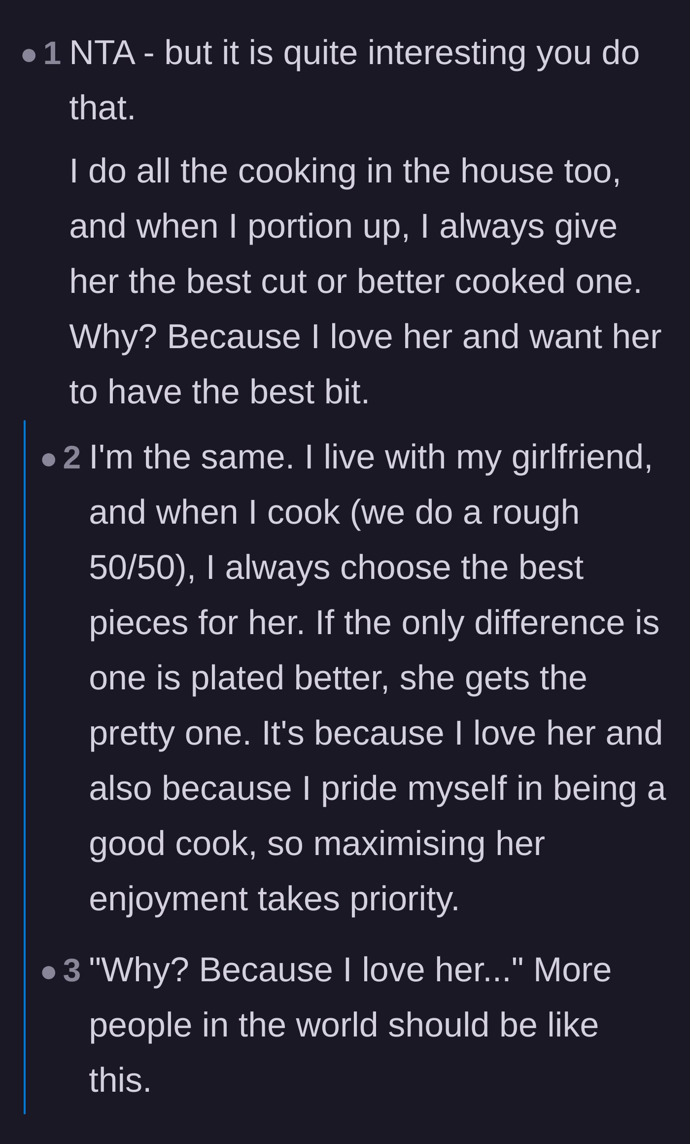 Comment thread 1 - Commenters sharing heartwarming stories about purposefully giving their partners the prettiest and best pieces of food out of love.